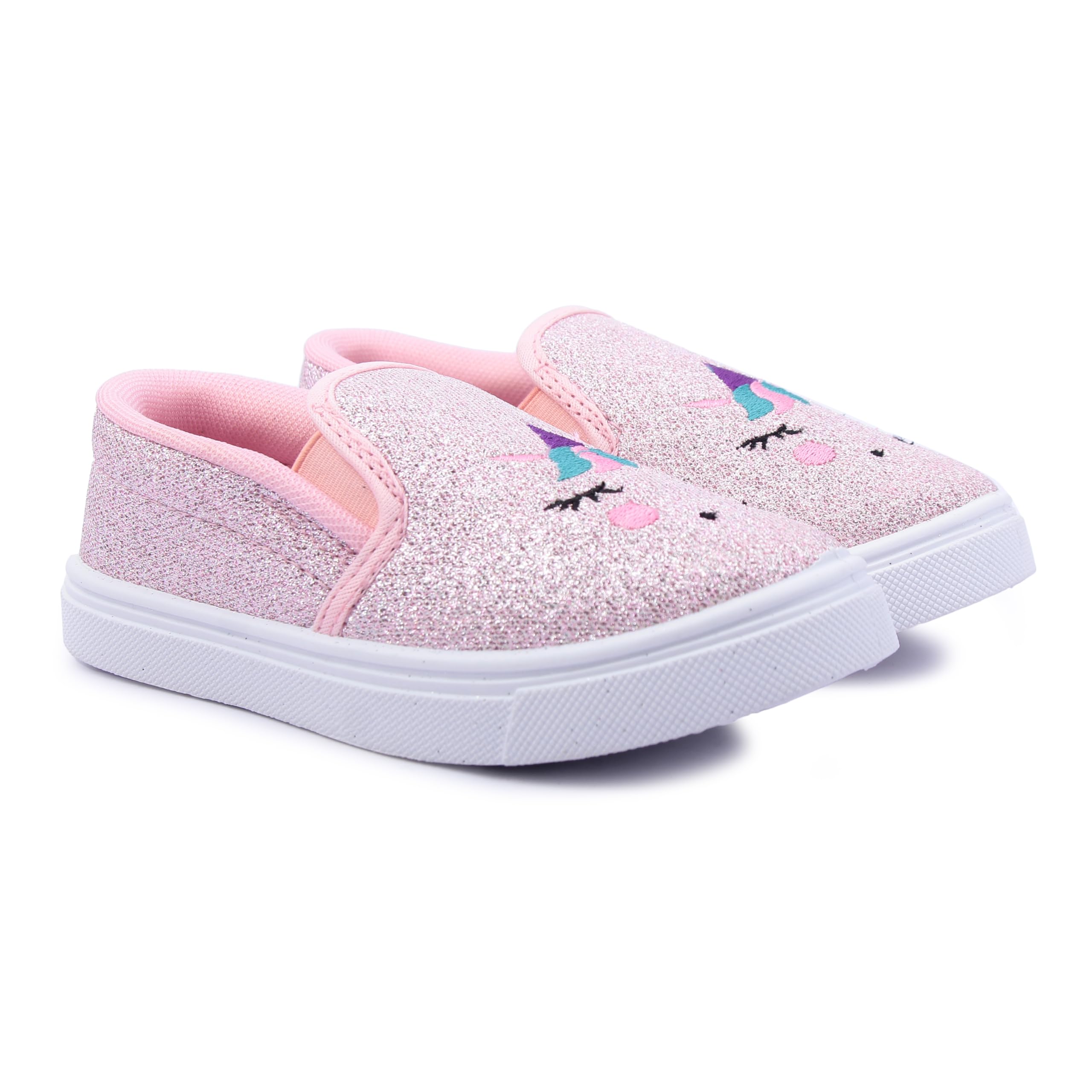 Myau Girls' Glitter Embroidery Design Slip-On Shoes, Casual Sneakers for 3-8 Years (Pink, UK Footwear Size System, Little Kid, Women, Numeric, Medium, 10) 4