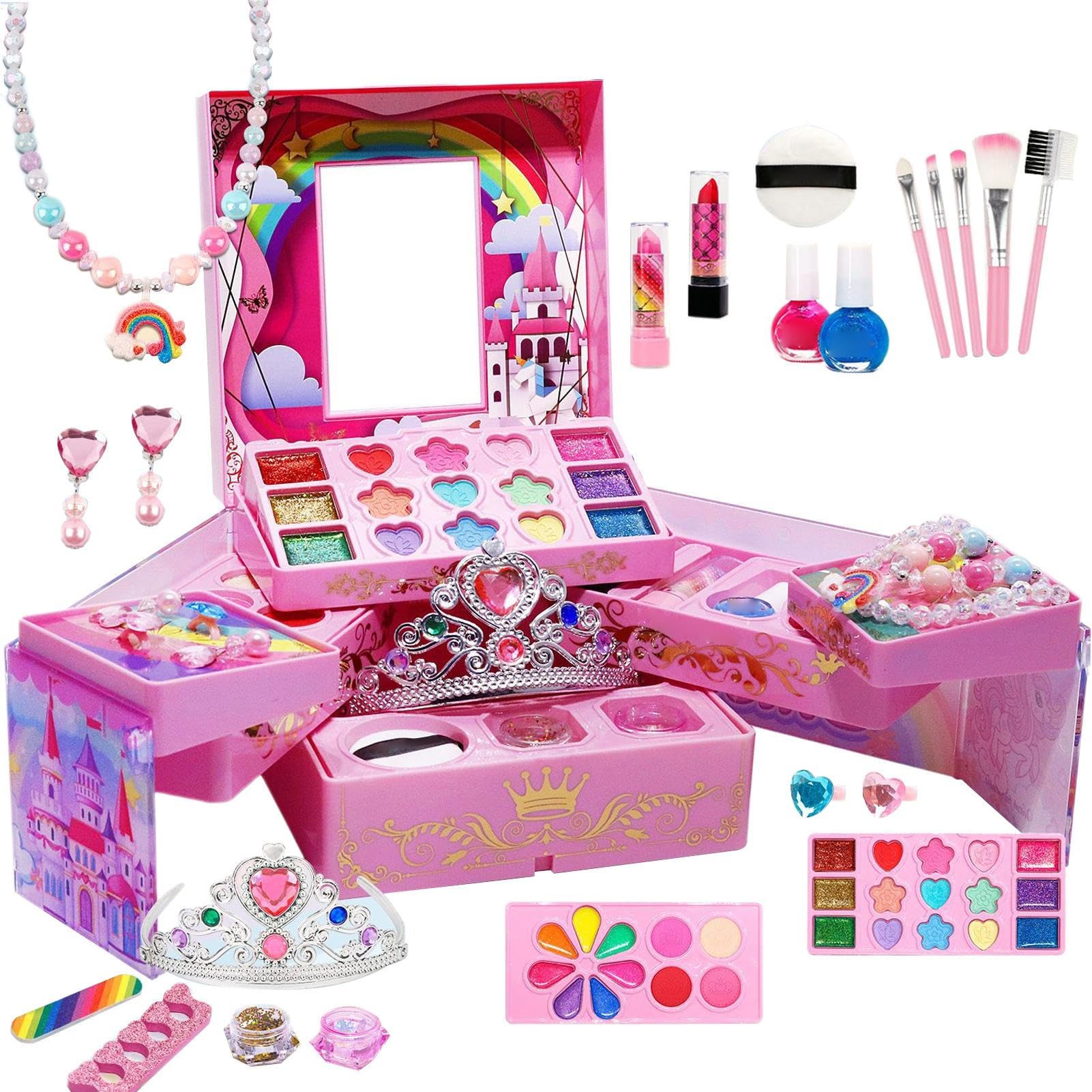 Set trucco per bambini,Trucco per bambini | Giocattoli per il trucco da gioco per ,Kit cosmetici Princess di design con scatola portaoggetti di grandi dimensioni, giochi di finzione per