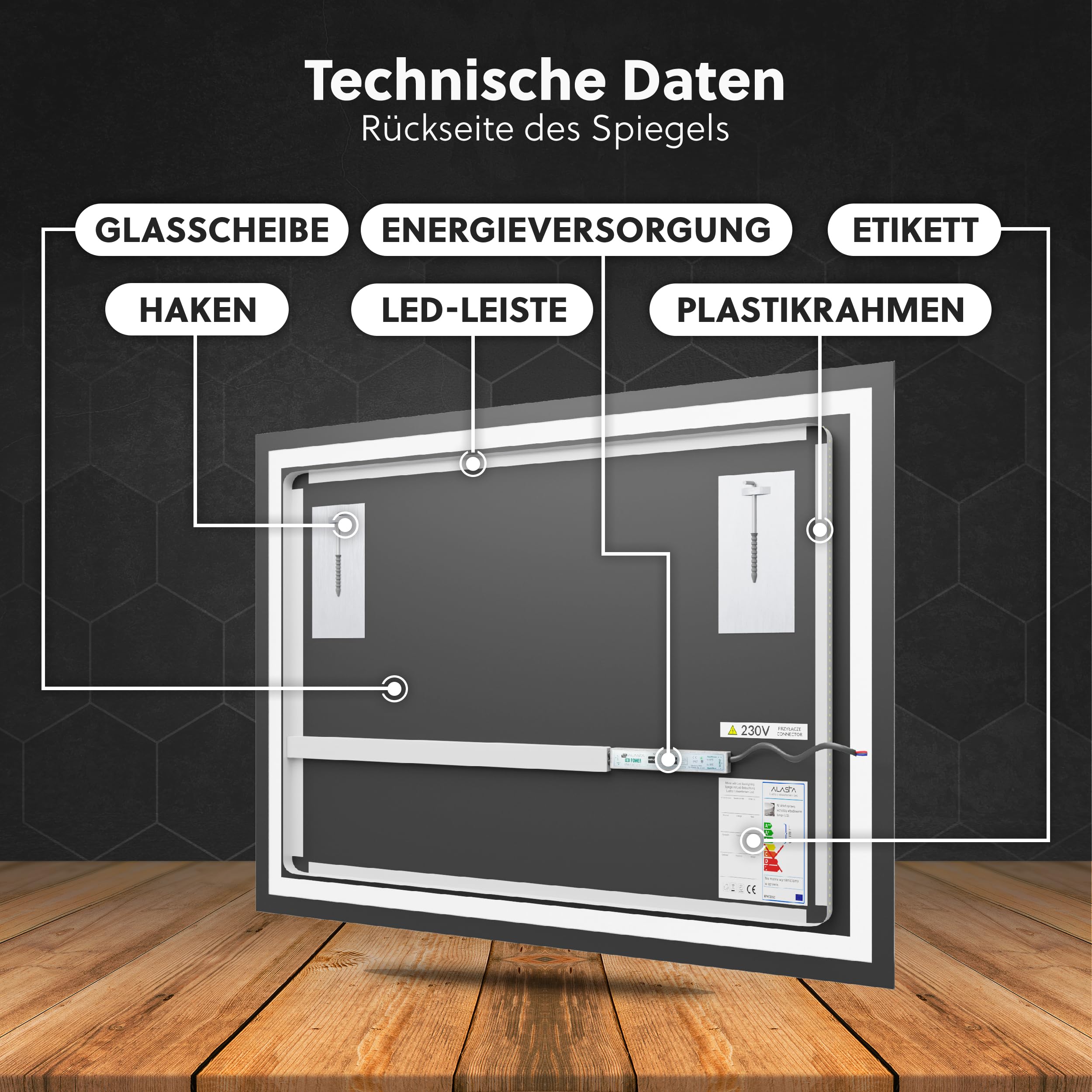 Atlanta LED-Badspiegel 60 x 70 cm, individuell konfigurierbar, mit optionalem Kosmetikspiegel, Spiegelheizung und wählbarer Lichtfarbe
