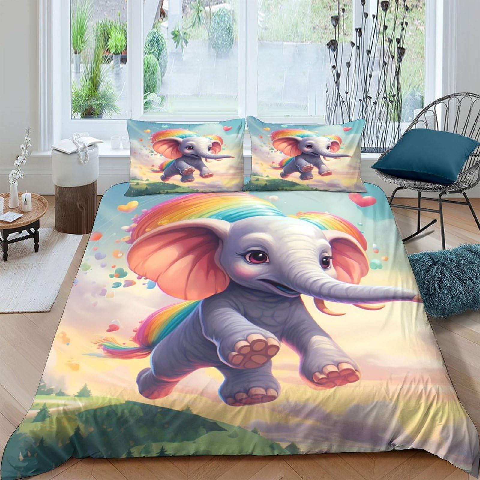 Ctjqhvkz Style-9 3D Printed Cartoon Elephant Rainbow Fitted Sheet Microfiber Soft Anti-Slip Bed Cover For Bedroom Guest Room Decor Single（135X200cm）
