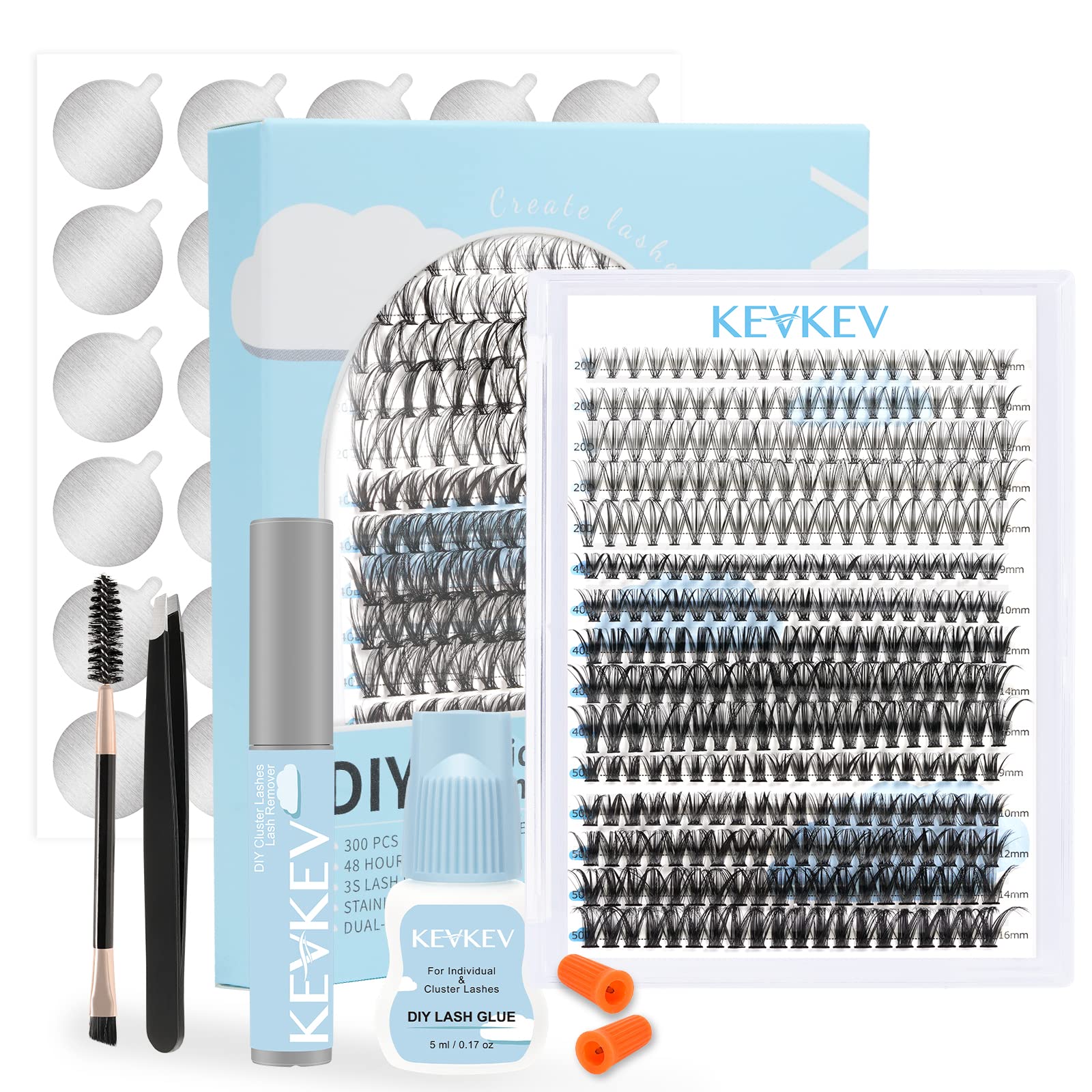 DIY Lash Extension Kit Lash Clusters with 300Pcs Individual Lashes, 5ml Black Cluster Lash Glue, Remover 1 Lash Applicator for DIY Eyelash Extension at Home(20D+40D+50D-9-16Mix&Black Glue)