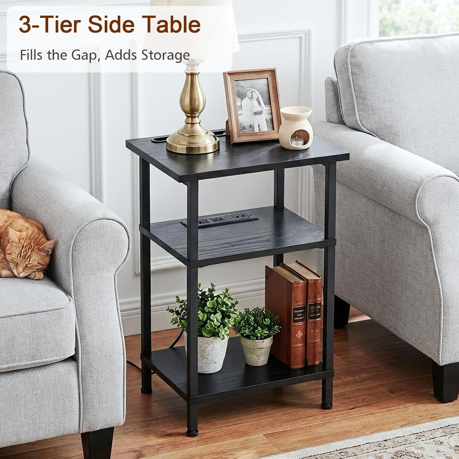 AMHANCIBLE Black Nightstands Set of 2, End Table with Charging Station and Phone Holder, Bedside Table with USB Ports & Outlets, Night Stands with 3-Tier Shelf for Bedroom, Living Room HET035BK