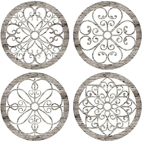 Yulejo 4 Pieces Thicken Rustic Wall Decor Farmhouse Wall Art Decor Wooden Hollow Carved Design Rustic Round Wall Art for Living Room Bedroom Hallway Decor Office Kitchen Wall Decoration (Retro White)