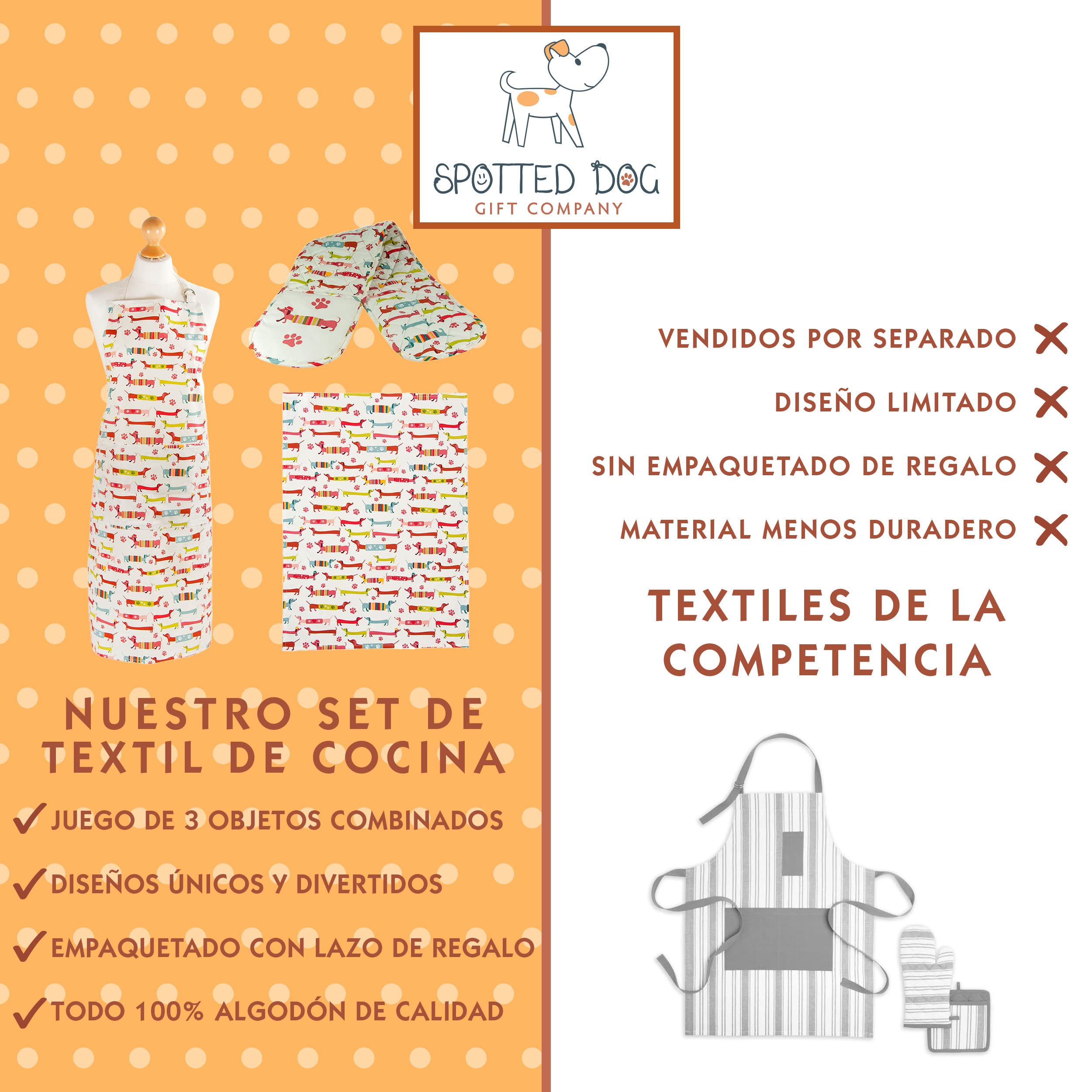 SPOTTED DOG GIFT COMPANY Juego de Regalo de 3 Piezas con Delantal, Paño de Cocina y Guante de Horno Doble, Accesorios Cocina Originales de Perros Salchicha, Regalos para Amantes de los Perros
