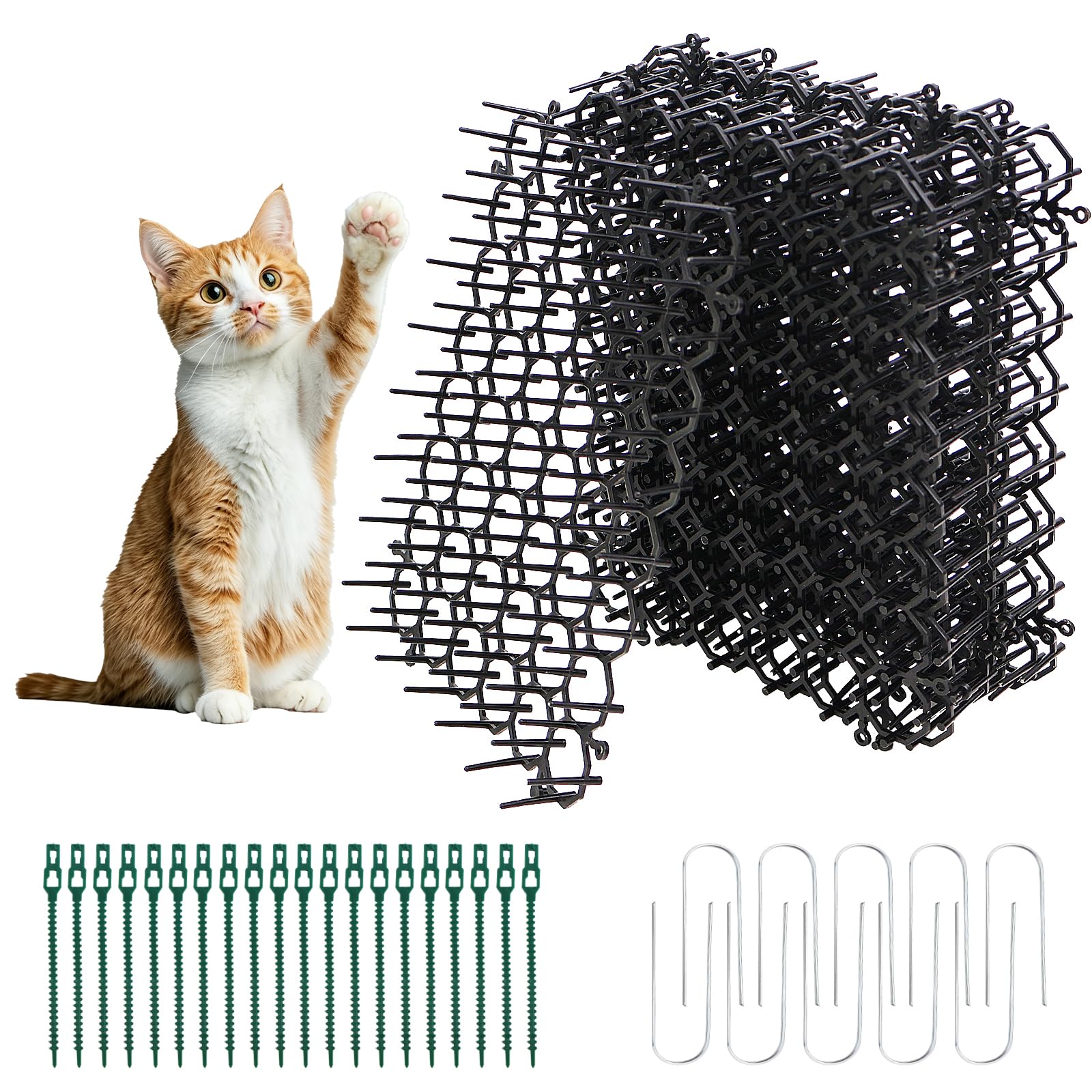 RITOLLO Anti Cat Spikes 20 Pack, 20 x 15 cm Repellent Mat with 10 U-Shaped Pegs & 20 Cable Ties, Cuttable Deterrent Mat for Garden, Fence, Pots, Sofa, Indoor & Outdoor (20)