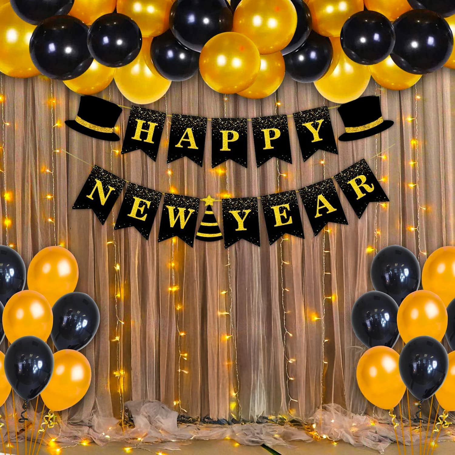 Happy New Year Decoration Items - 45Pcs Decoration Items for with curtains, happy new year banner, foil balloons, Gifts For Women, Husband, Corporate, Wife, Kids