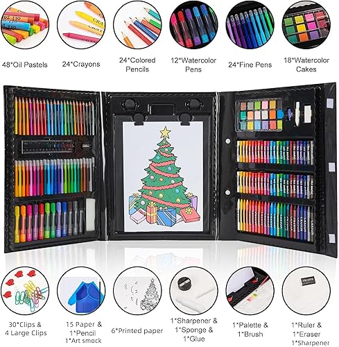 Miniatura 2 de Suministros de arte, juego de arte de 215 piezas con caballete tríptico, incluye papel preimpreso, pasteles al óleo, crayones y lápices de colores,