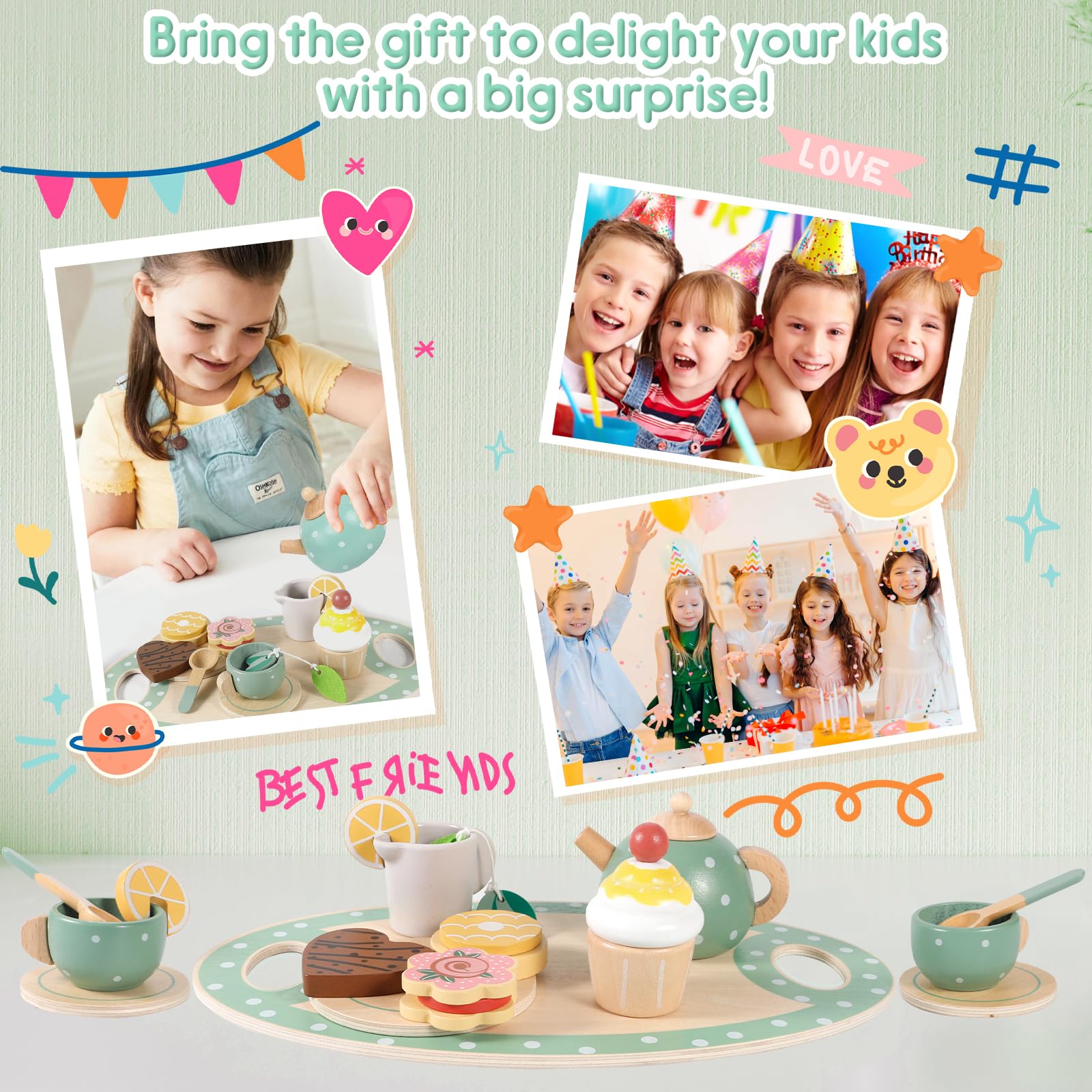 Set da Tè Giocattoli in Legno, 17Pcs Set da Tè per Bambini, Accessori Cucina Bambini, Set da Tè in Legno Gioco di Imitazione, Giocattoli in legno Regalo per Ragazzi Ragazze 3 4 5+ Anni