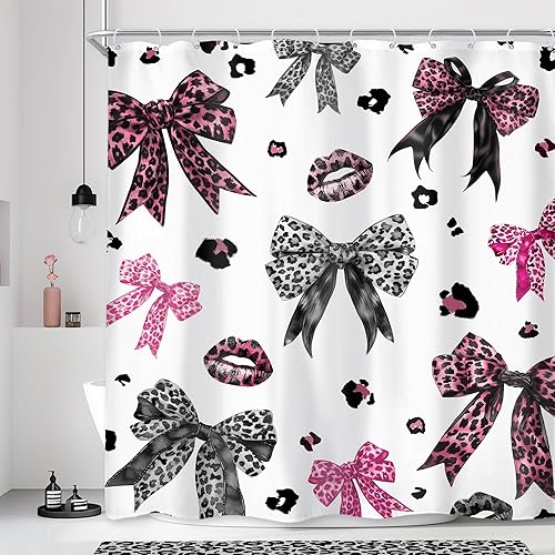 Cortina de ducha con lazo con estampado de leopardo, 60 pulgadas de ancho x 72 pulgadas de largo, vintage, retro, negro y rosa, bownot, guepardo,