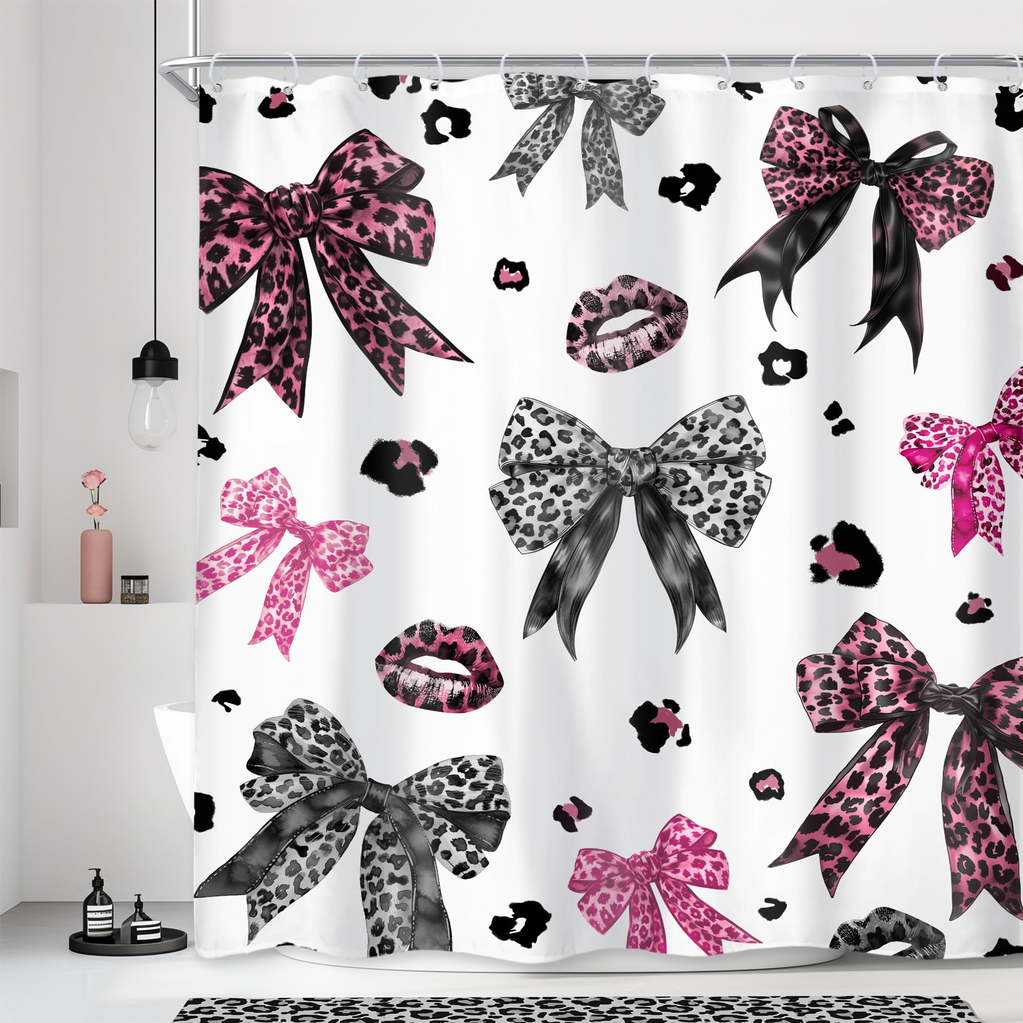 Newsely Leopard Print Bow Shower Curtain 60Wx72L Inch Vintage Retro Black and Pink Bownot Cheetah Lips Fashion Girly Bathroom Set Modern Waterproof Bath Decoration Accessories Home Decor — image 1
