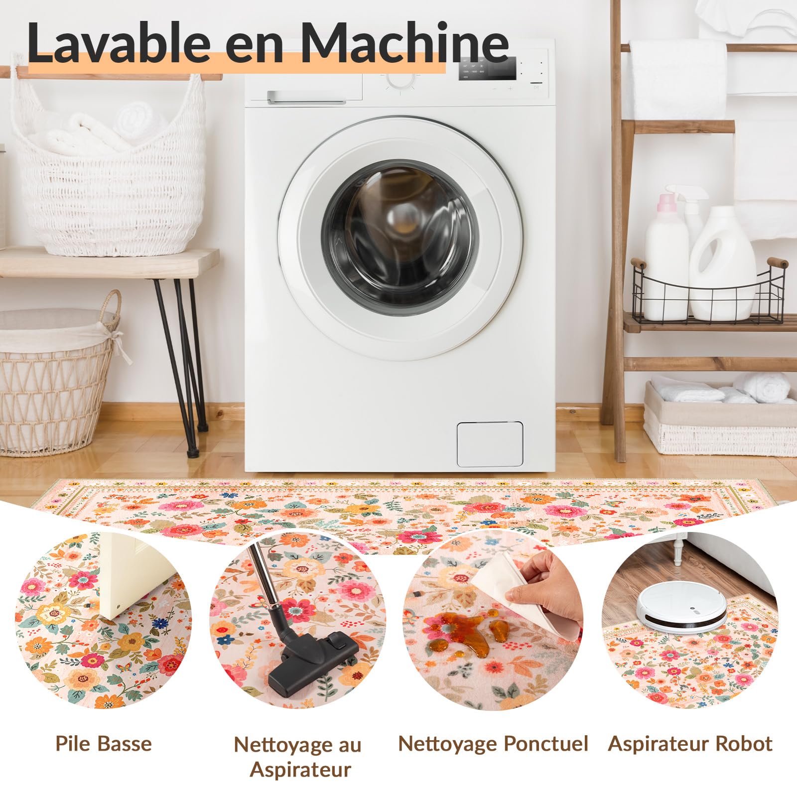 INOVADAY Tapis Lavable 120x180 cm, Style Bohème, Poils Courts, Antidérapant, Imprimé Floral, pour Salon, Chambre à Coucher, Salle à Manger, Bureau,t, Rose/Beige