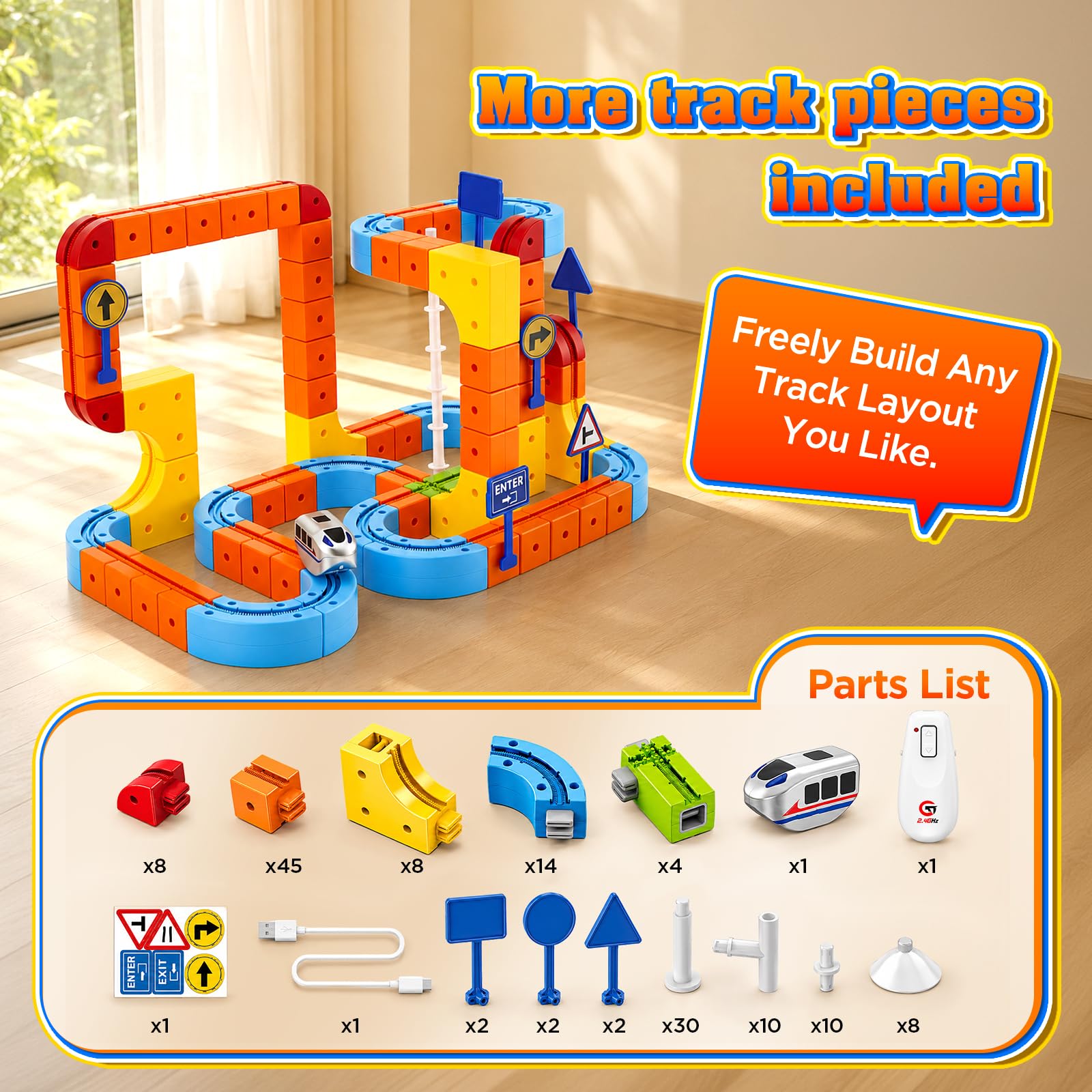 147 piezas de ferrocarril para niños eléctricos, bloque de pista cubo con diseño 3D defying por gravedad, 2 trenes y mando a distancia, juego de trayectoria de tren, regalos de juguete para niños a