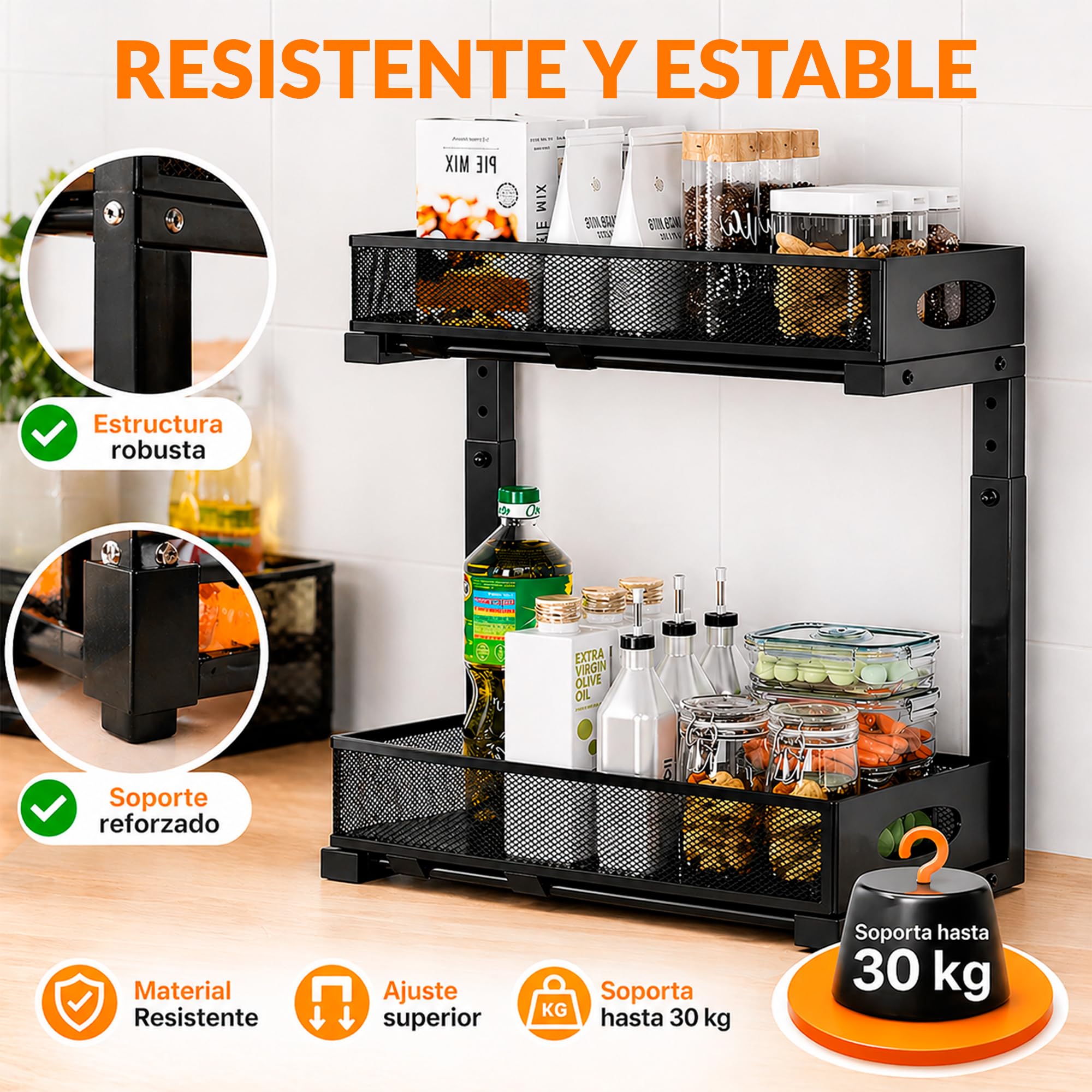 XARA Organizador Bajo Fregadero Metal Negro Pack 2 | Doble Altura, Bandejas Extraíbles