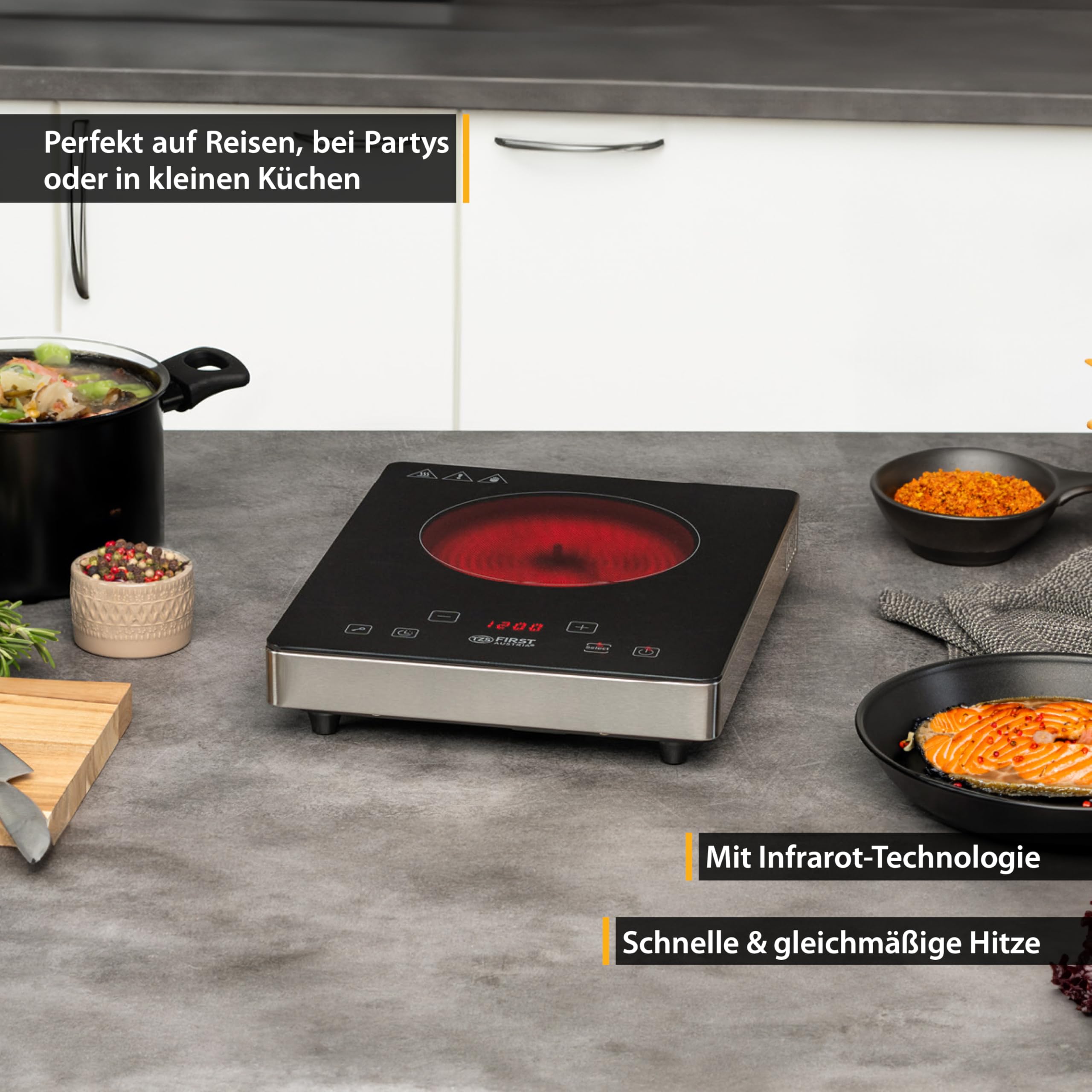 TZS First Austria Infrarot Einzelkochplatte 2000W - tragbare Glaskeramik Kochplatte mit Touch-Bedienfeld & LED Display - 175 mm - 8 Leistungsstufen - Timer, Kindersicherung, Überhitzungsschutz