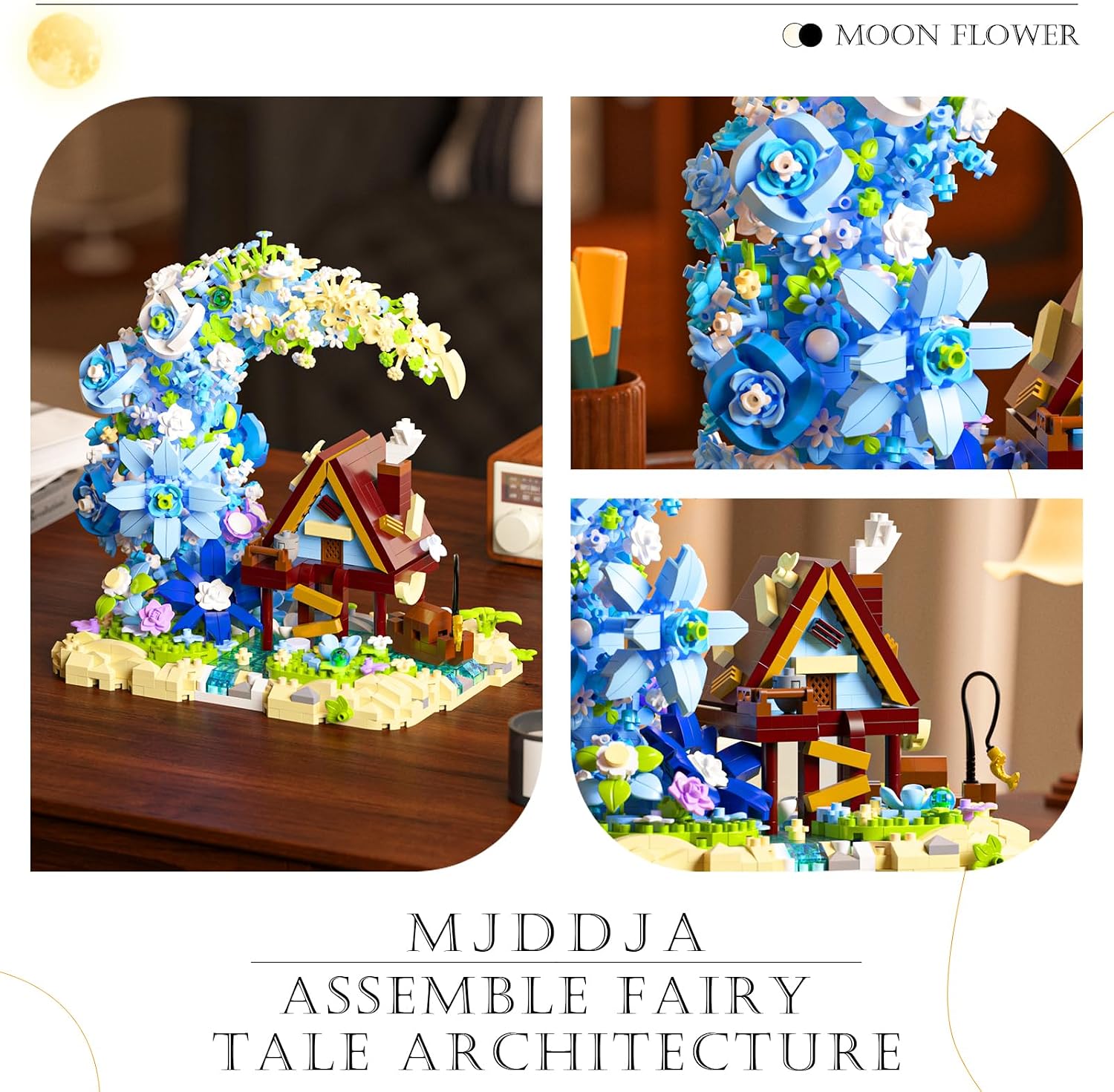 Moon Flower Building Set, 1343 PCS Mini Bricks Building Sets, Moon Flower Bouquet, Fairy Cabin, Mini Blocks Building Botanical Collection Set for Home Decor