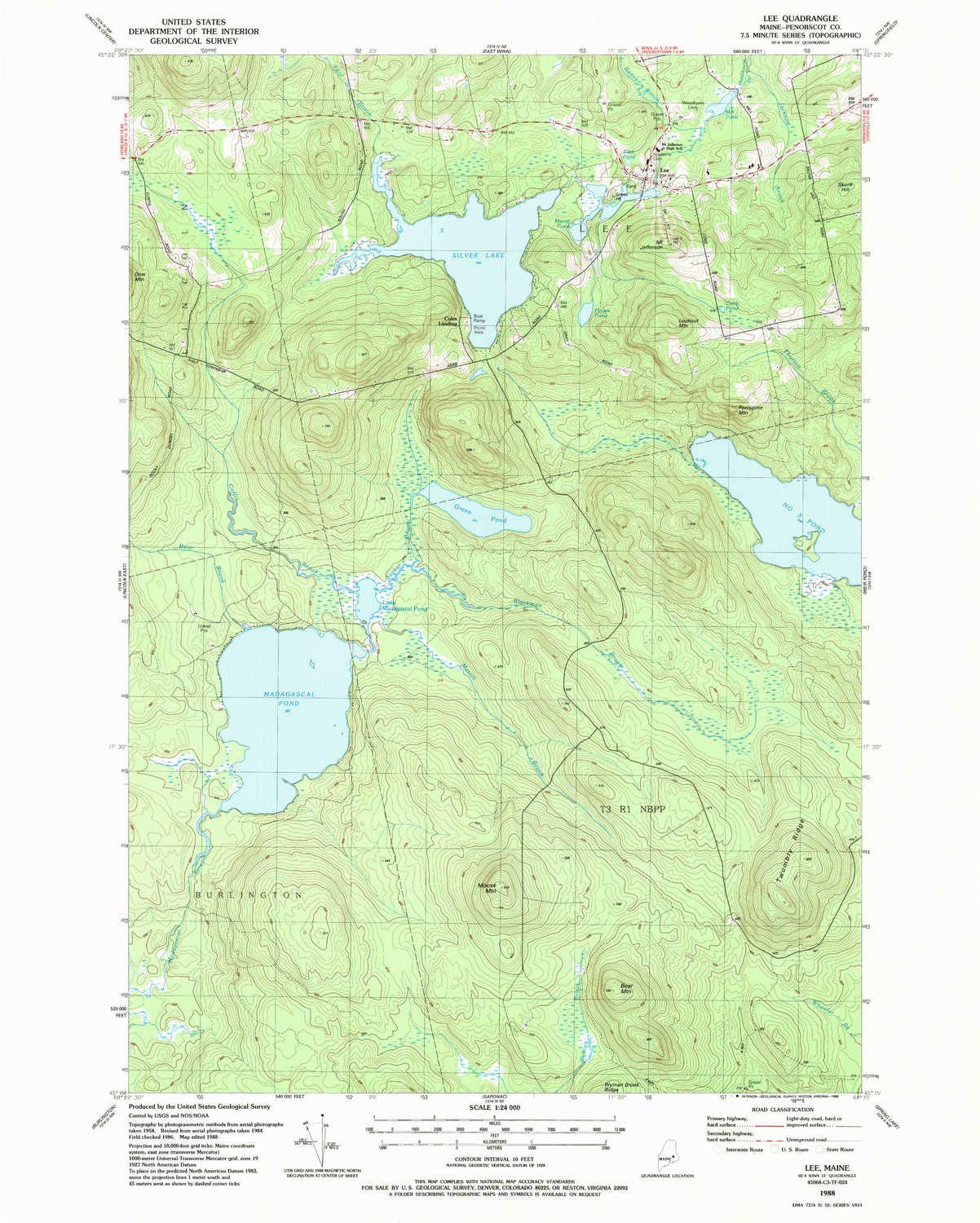 YellowMaps Lee ME topo map, 1:24000 Scale, 7.5 X 7.5 Minute, Historical, 1988, Updated 1988, 26.8 x 21.5 in - Polypropylene