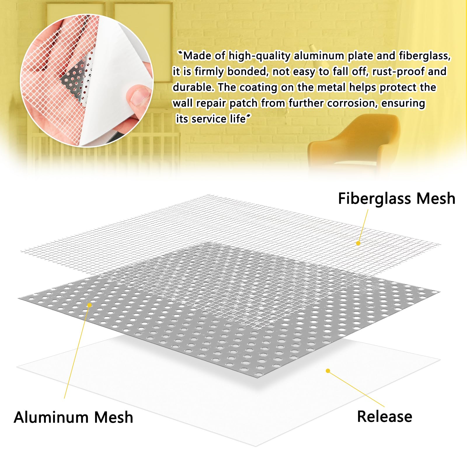 Lot de 16 patchs autocollants de réparation murale en aluminium 5/10/15 cm - Kit de réparation de cloisons sèches