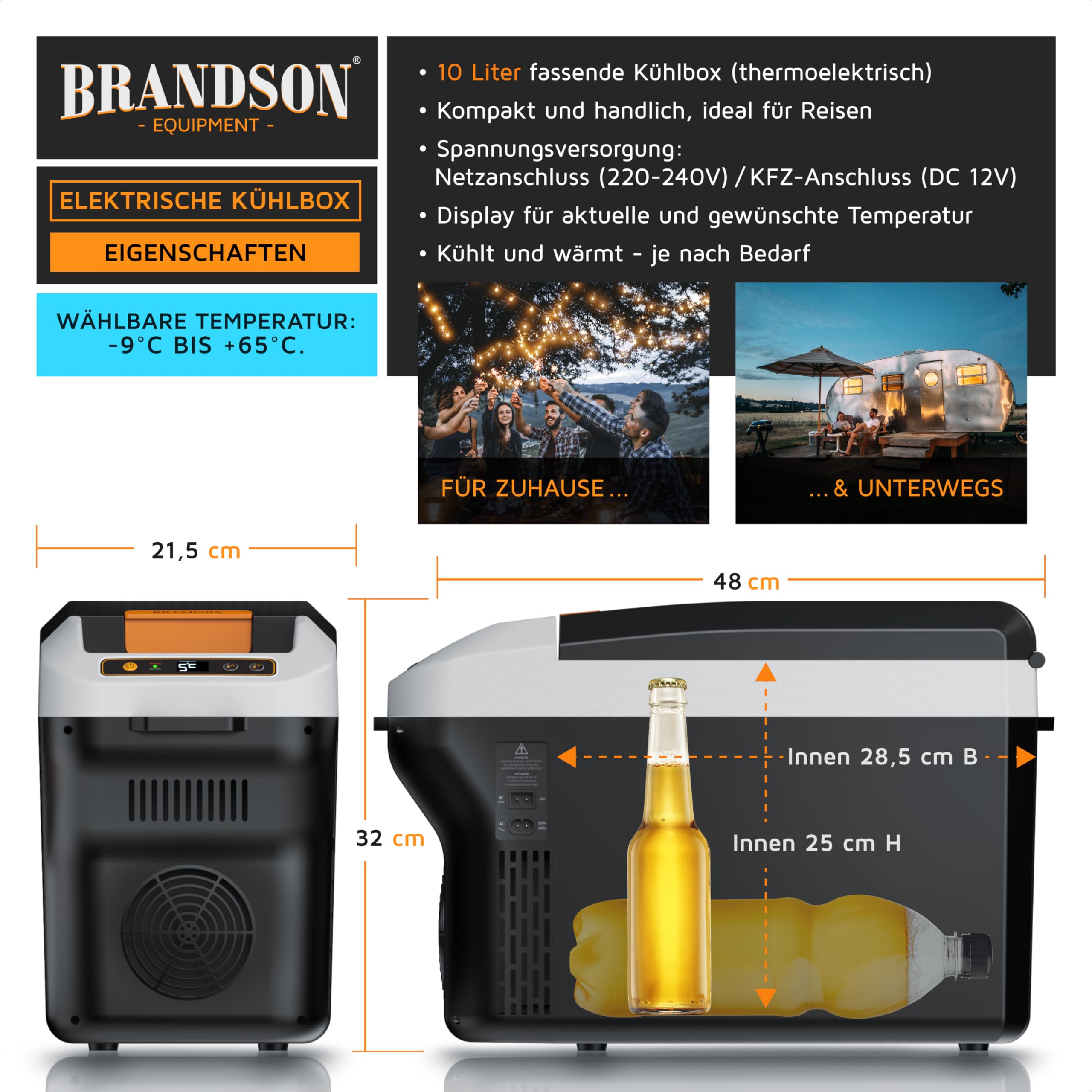 Brandson - Kühlbox elektrisch 10L – 230 V Netzspannung und 12 V KFZ Auto Bordspannung – kühlt und wärmt – Heizen max. 65°C – Herabkühlen ca 20°C unter der Umgebungstemperatur - Cool Grey