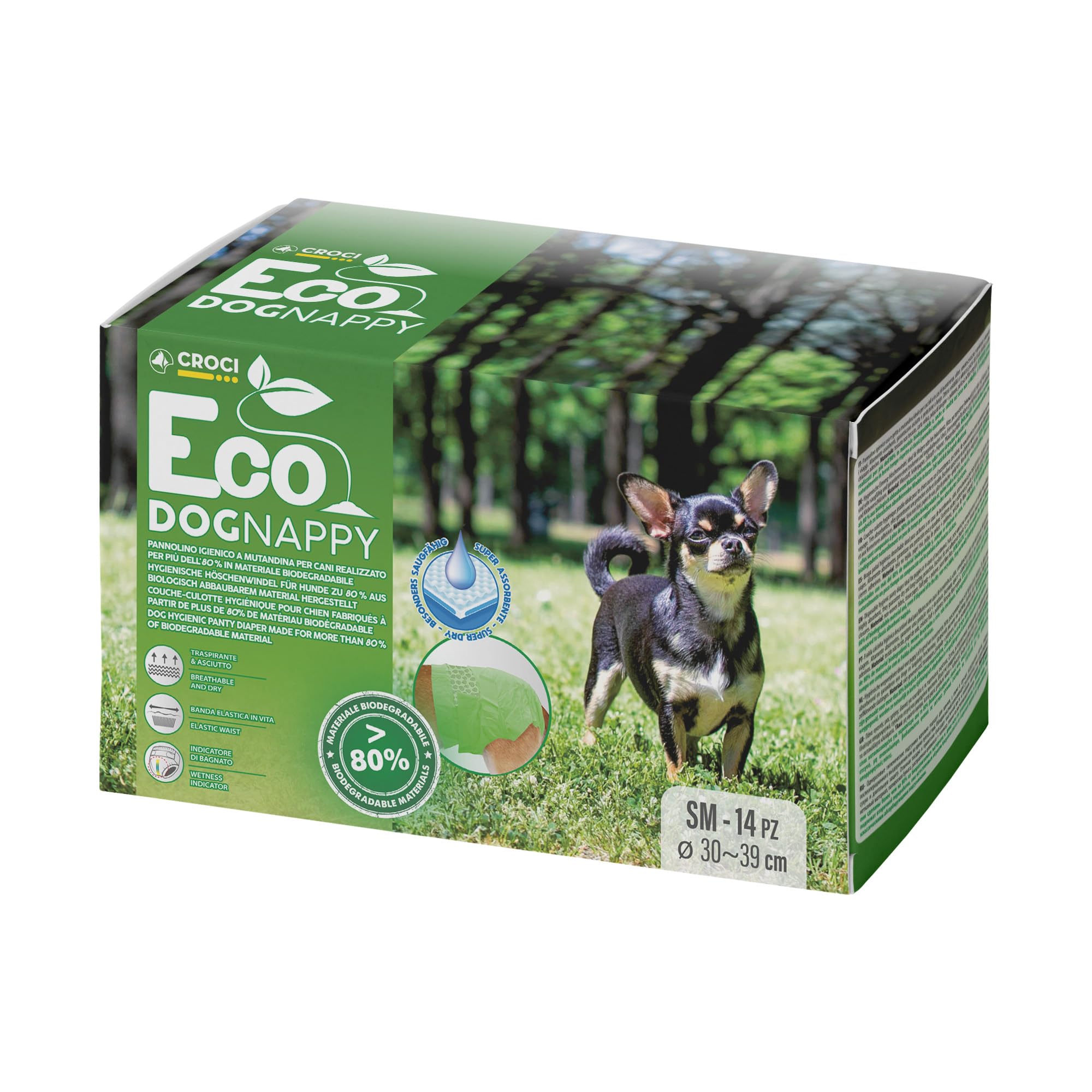 Croci Dog Nappy Eco - Mutanda Assorbente per cani femmine, taglia S - Ø 30-39 cm, Pannolino igienico ciclo e pipi cane, Antiodore, Usa e getta, Chiusura adesiva regolabile, 14 pz