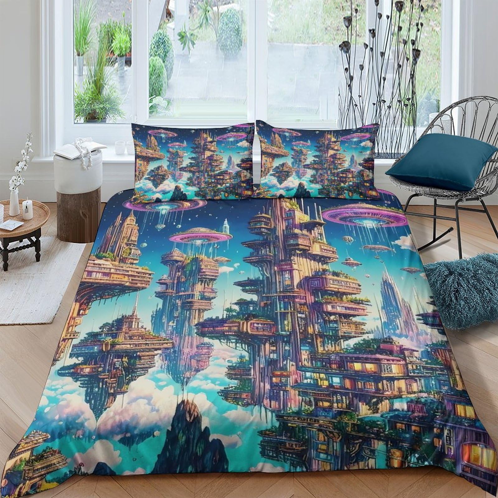 Ctjqhvkz Style-8 3D Printed Fantasy Floating City Fitted Sheet Microfiber Soft Breathable Dreamland Mattress Cover For Bedroom Decor Single（135X200cm）