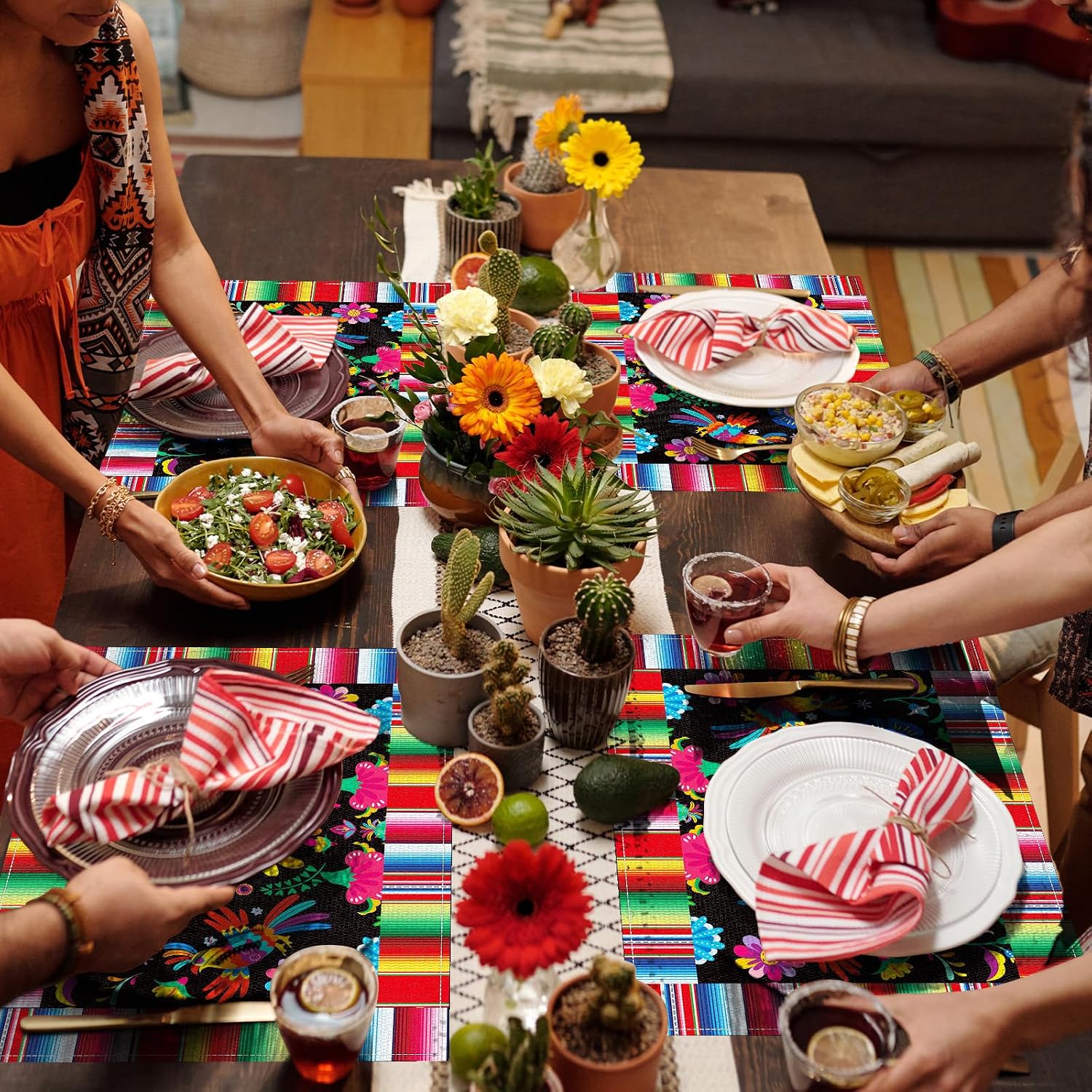 4 Pack 11.8 x 17.7 Inches Mexican Fiesta Placemats, Linen Burlap Table Plate Mats with Floral and Serape Stripe for Cinco de Mayo, Taco Night, Birthdays, Day of the Dead, Mexican-Themed Party Supplies