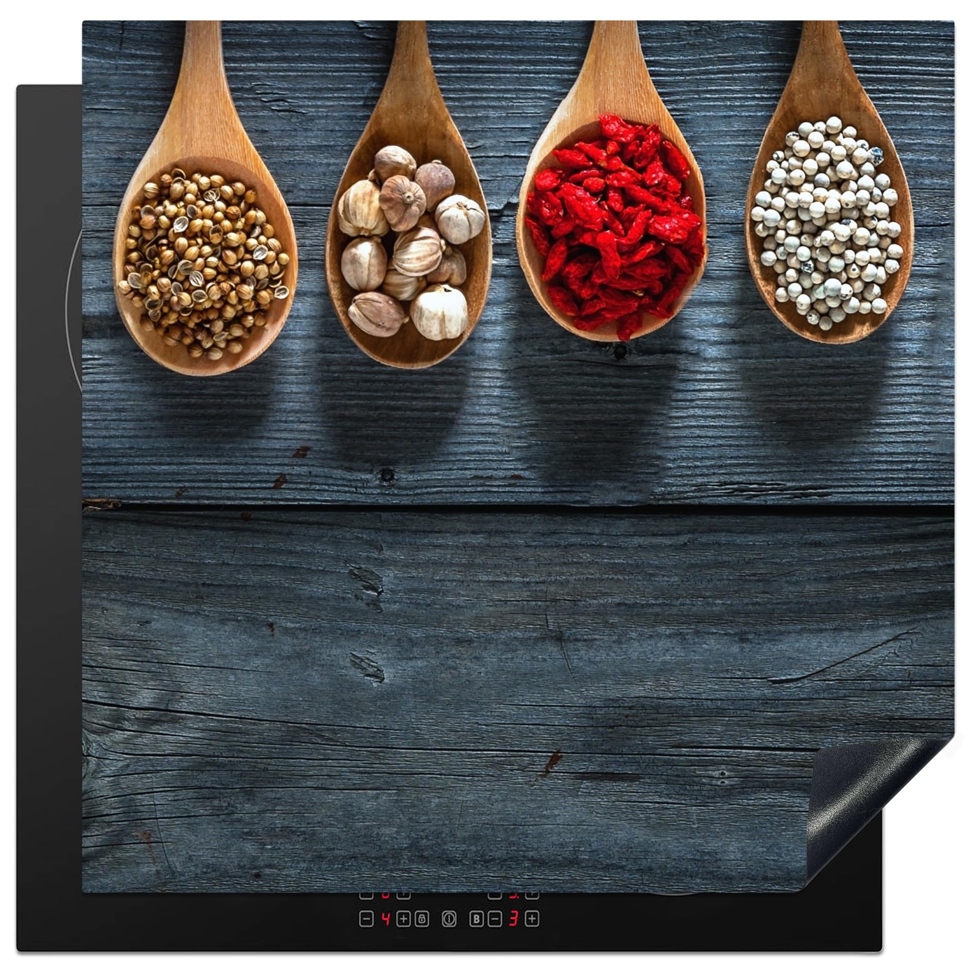 KitchenYeah© Induction Hob Protector Mat 30.7"x30.7" / 78x78 cm Stove Cap Top Cover Kitchen Cooker Covers for Electric Hobs Vinyl Herbs - Spoons - Wood - Kitchen - Spices - Industrial — image 1