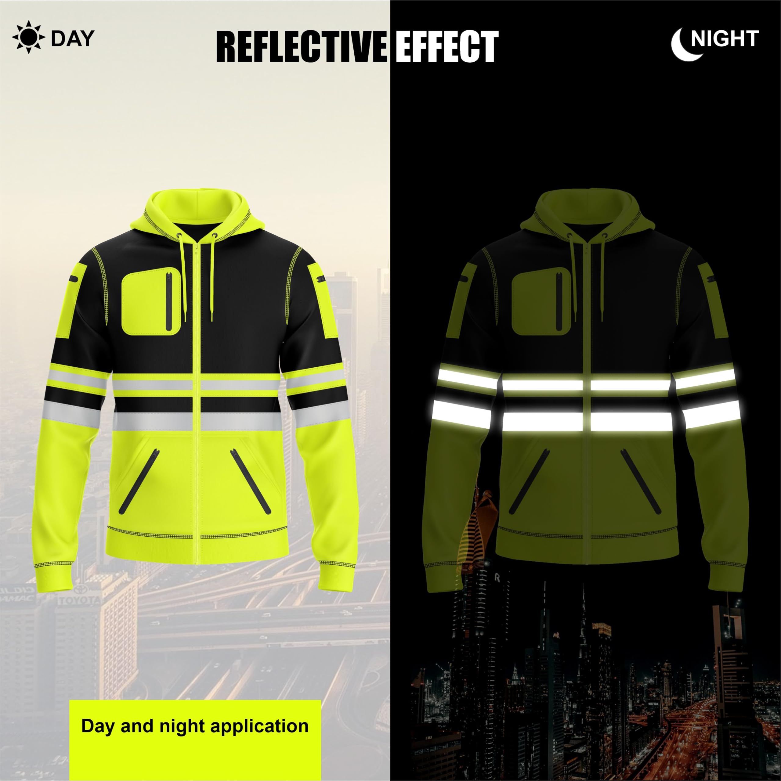 Mens Hi Vis Pullover Hoodie Reflective Tape Safety Work Drawstring Multi Zipped Pockets High Viz High Visibility Hoodie Sweatshirt