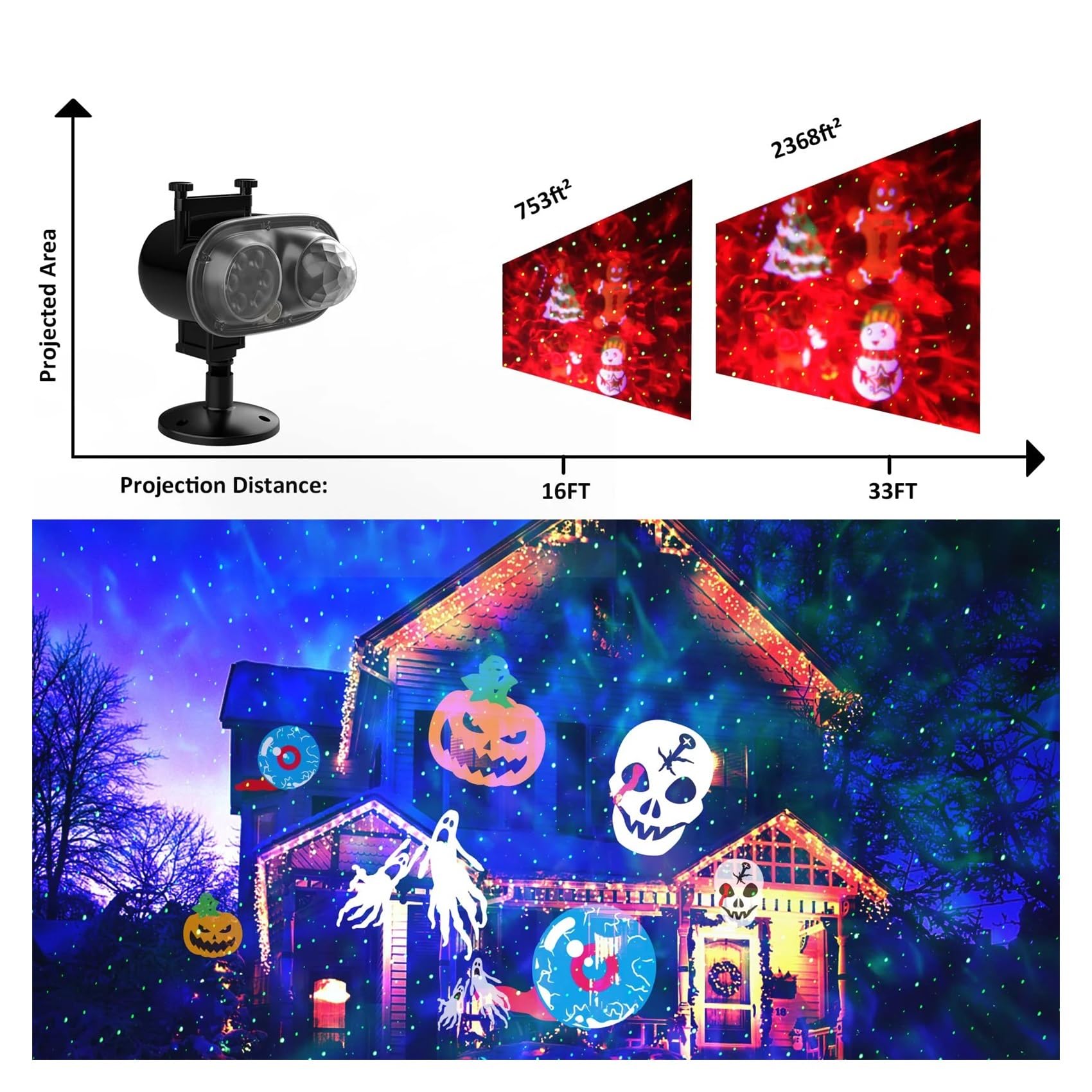Luci Del Proiettore Di Natale Di Halloween For Interni Ed Esterni 2 In 1 - Onda + 16 Moi Di Proiezione Di Luci For Feste Da Giardino