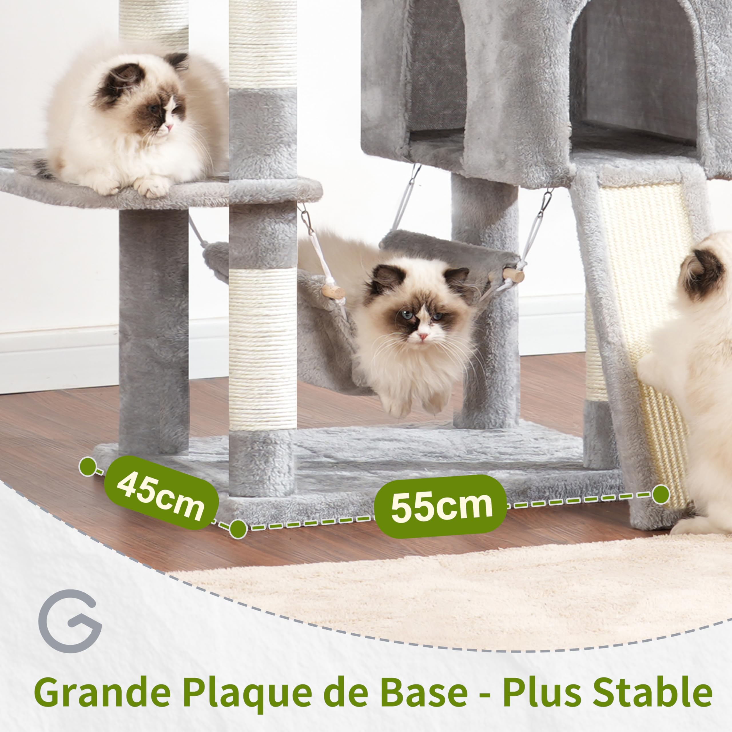 Gitelsnour Arbre à Chat, Tour de Jeux pour Chats de 180cm, Tour à Chat Interieur avec 2 griffoirs, 7 poteaux à griffer, 2 perchoirs, 2 Lits pour Chat en Peluche, hamac, Gris Clair GCT032W