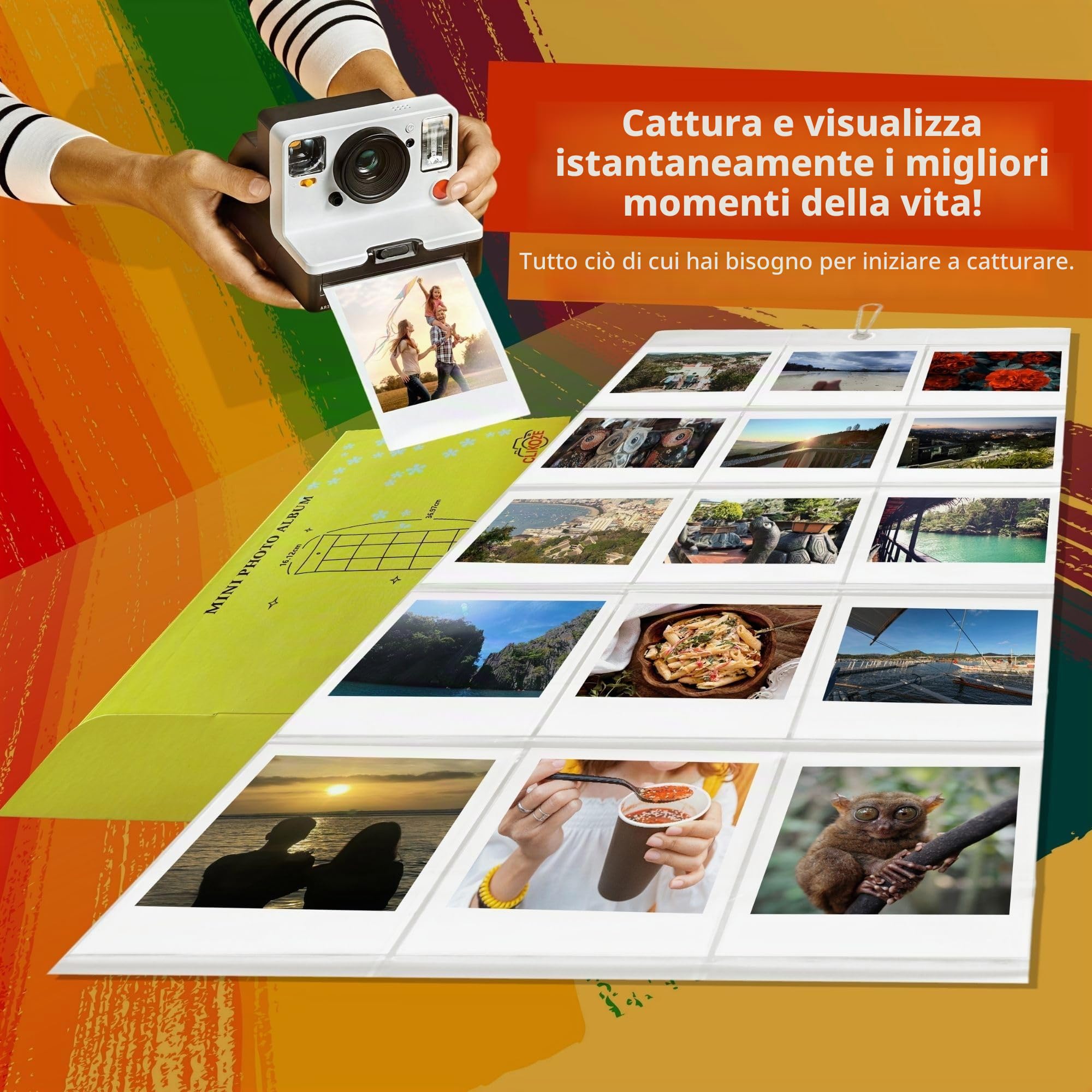 Set di 64 pellicole fotografiche a colori per fotocamera istantanea con Polaroid Go Film e album fotografico Clikoze Wall
