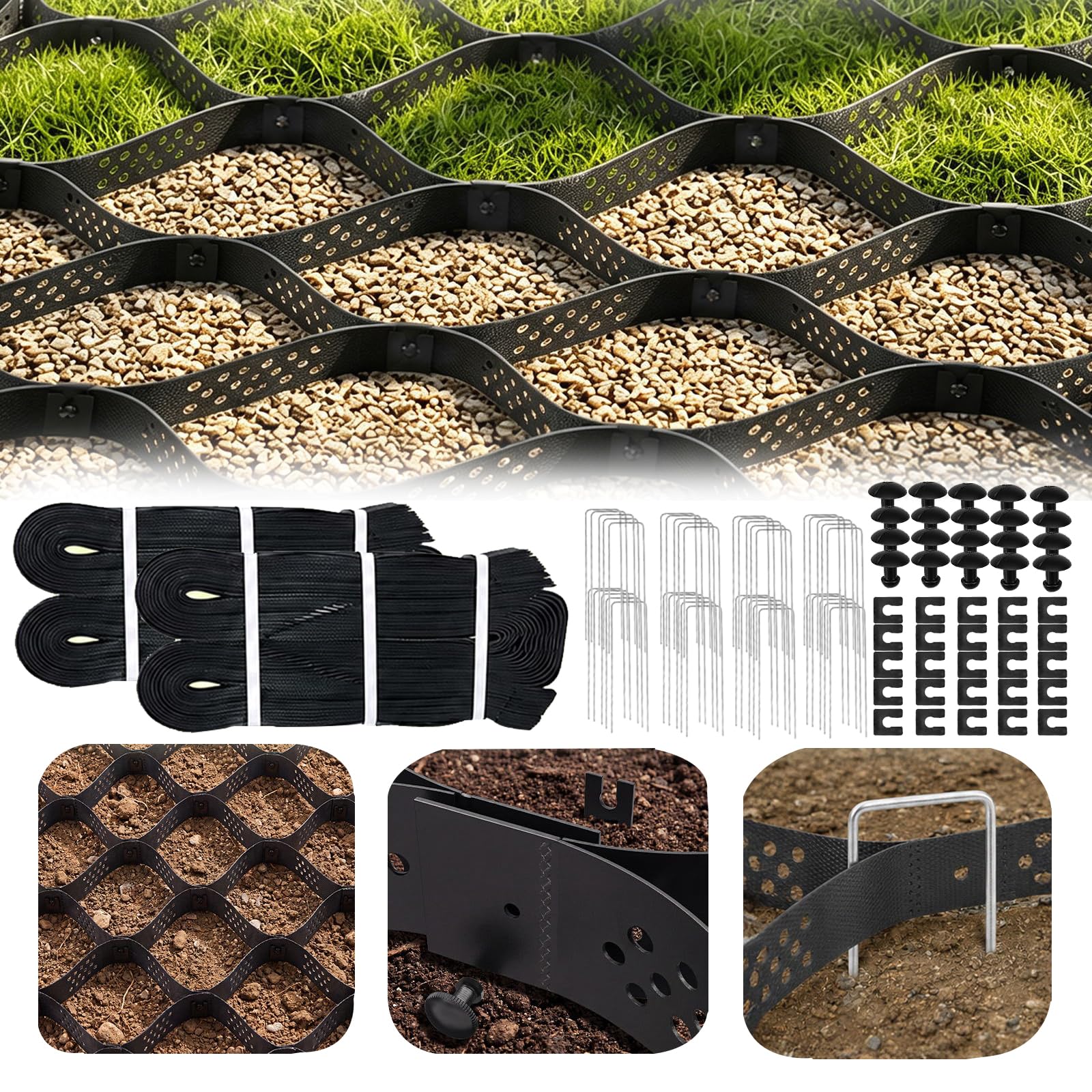 Geogriglia, 5 X 3M Celle Esagonali Per Ghiaia Tappetino Stabilizzatore In Plastica Altezza 5cm Include 40 Ancoraggi Al Suolo E 20 Fissaggi Stabilizzazione Terreno In Hdpe Griglie Prati Griglie Ghiaia