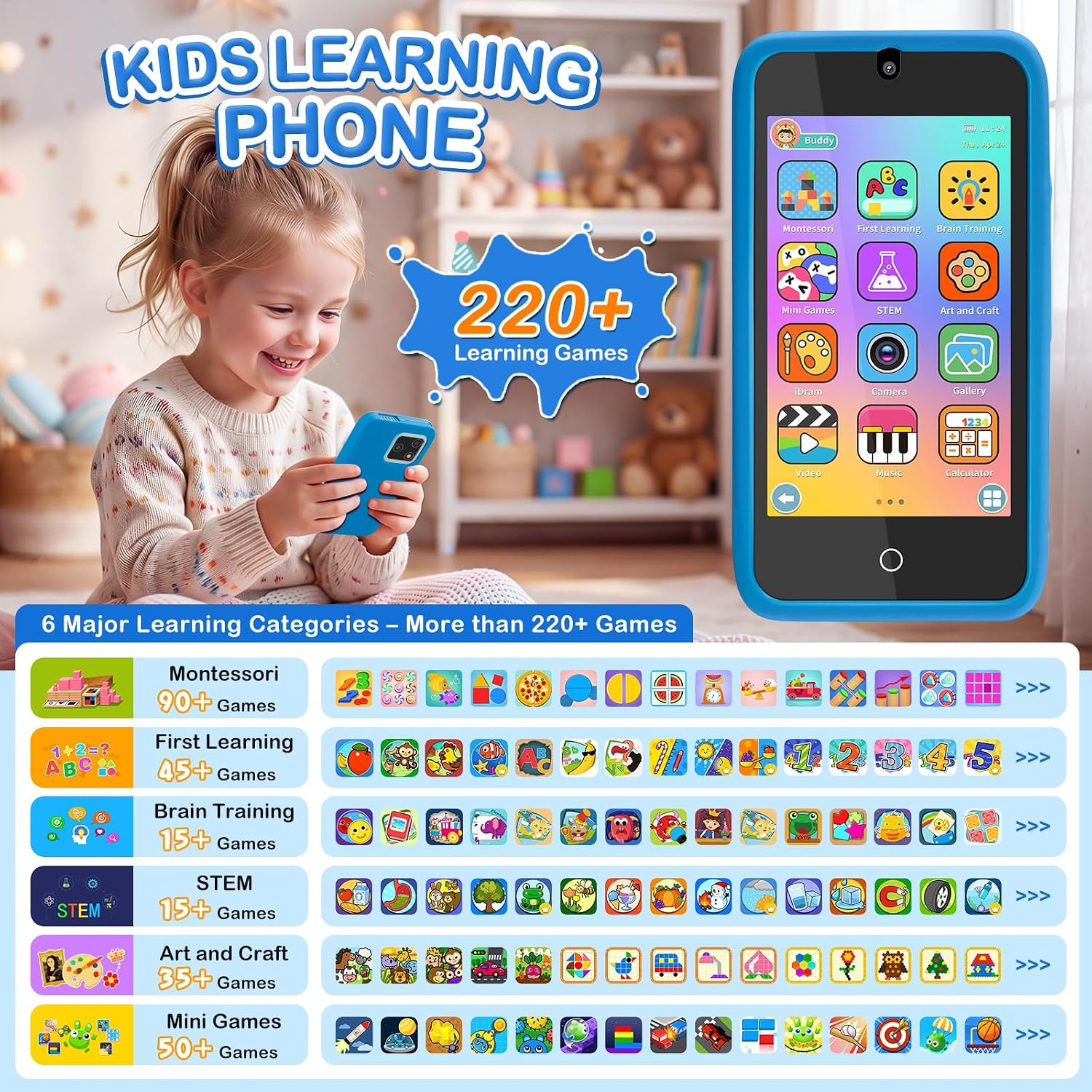 Kids Smart Phone with Dual Camera, 3.97" Touchscreen Toddler Cell Phone for Boys Girls Ages 3-10, Learning Toy with Video Recorder, Selfie Mode, Rechargeable Battery, Birthday Gift (Blue)