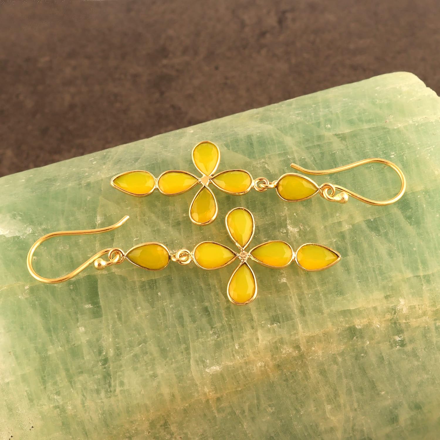 Guntaas Gems Pear Shape Yellow Quartz Brass Gold Plated Bezel Setting Drop Dangle Earrings Fashionable Drop Earrings Gift