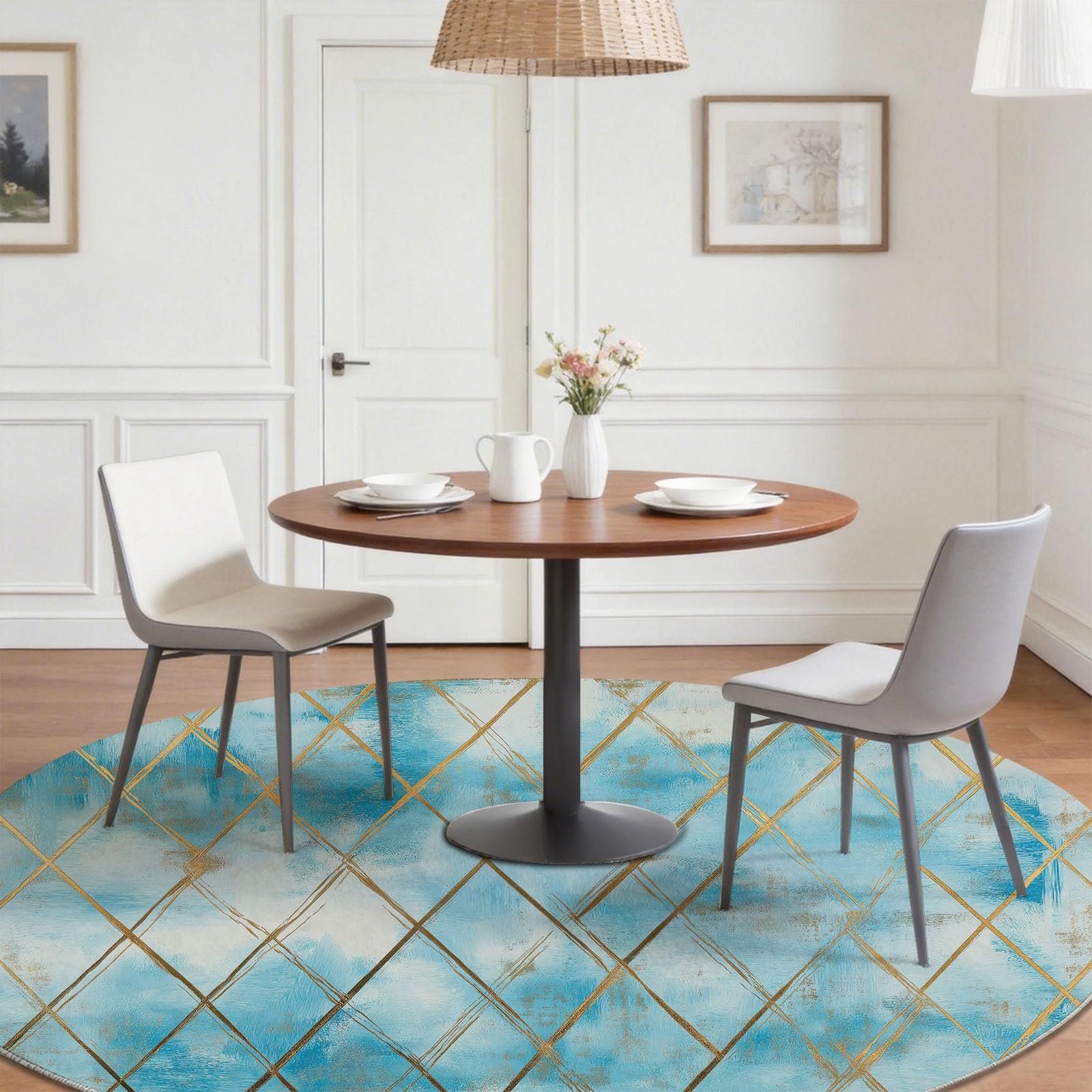 Tappeto rotondo morbido, motivo geometrico a rombi, beige, blu, lavabile, non perde pelo, stile vintage, 90 cm, per cucina, comodino, camera da letto