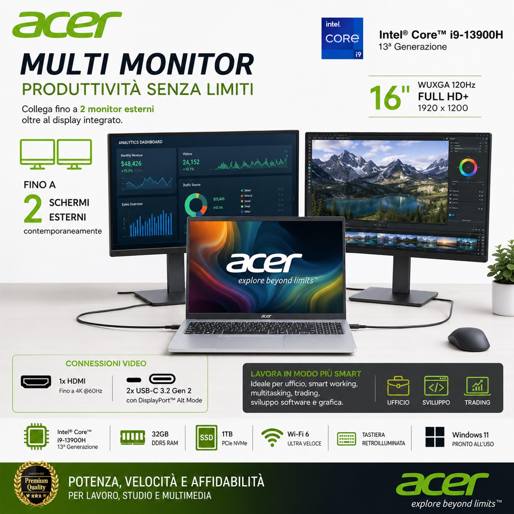 Acer Notebook Intel Core i9 13900H 13Th, RAM DDR5 32GB, SSD PCIe NVMe 1TB | Display 16" WUXGA 120Hz FHD+, 4 USB, Tastiera Retroilluminata, Wi-Fi 6, Display Port, Win 11, Libre Office, Preconfigurato