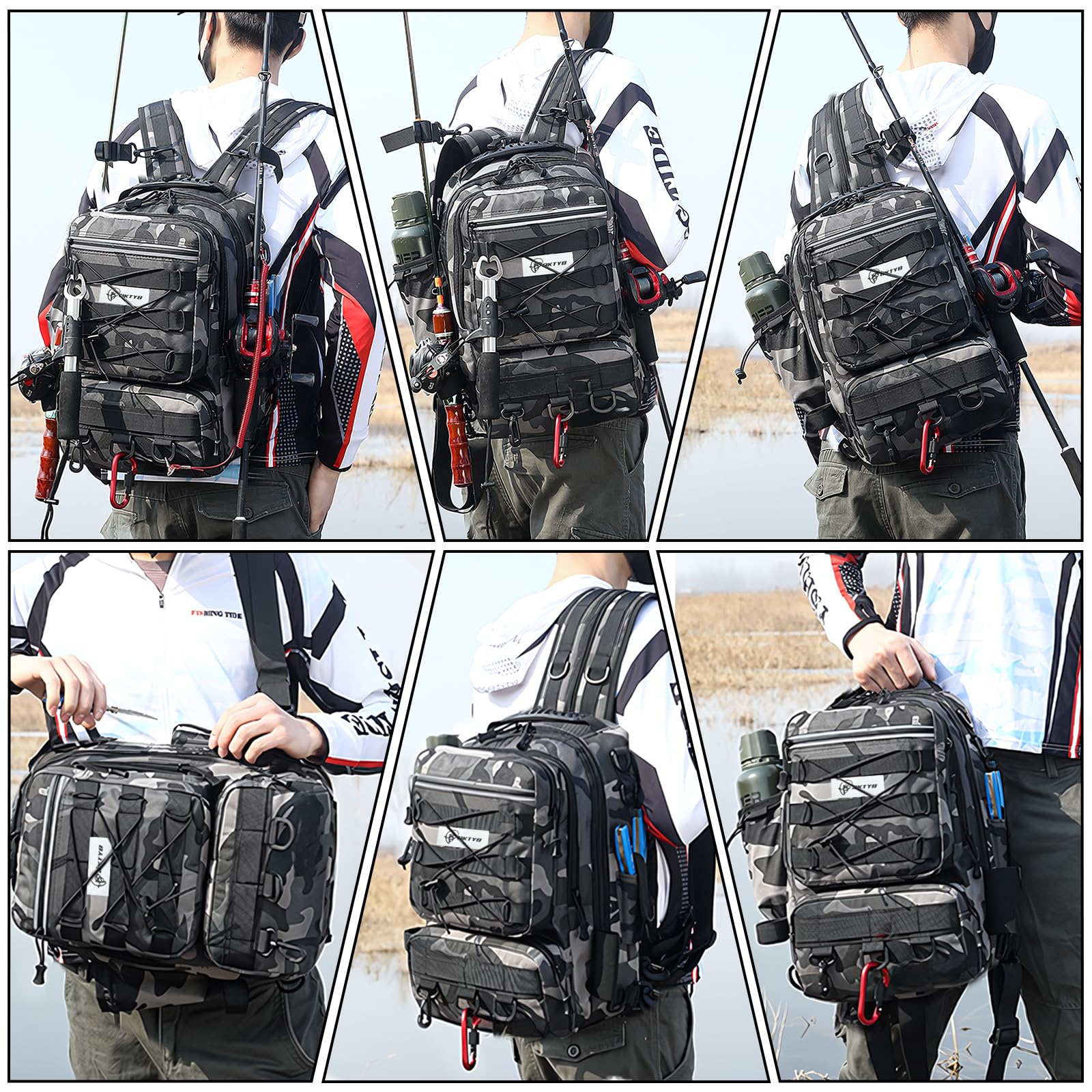 QKTYB Mochila de Pesca Grande con Portacañas, Mochila Impermeable con Cremallera, Bandolera Acolchada para Equipo de Pesca, Multibolsillos de Tela Oxford para Senderismo, Caza y Viajes