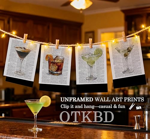 Miniatura 3 de OTKBD Juego de 4 impresiones artísticas vintage de cóctel, regalos para amantes de los cócteles, diccionario retro Martini y amantes del whisky,