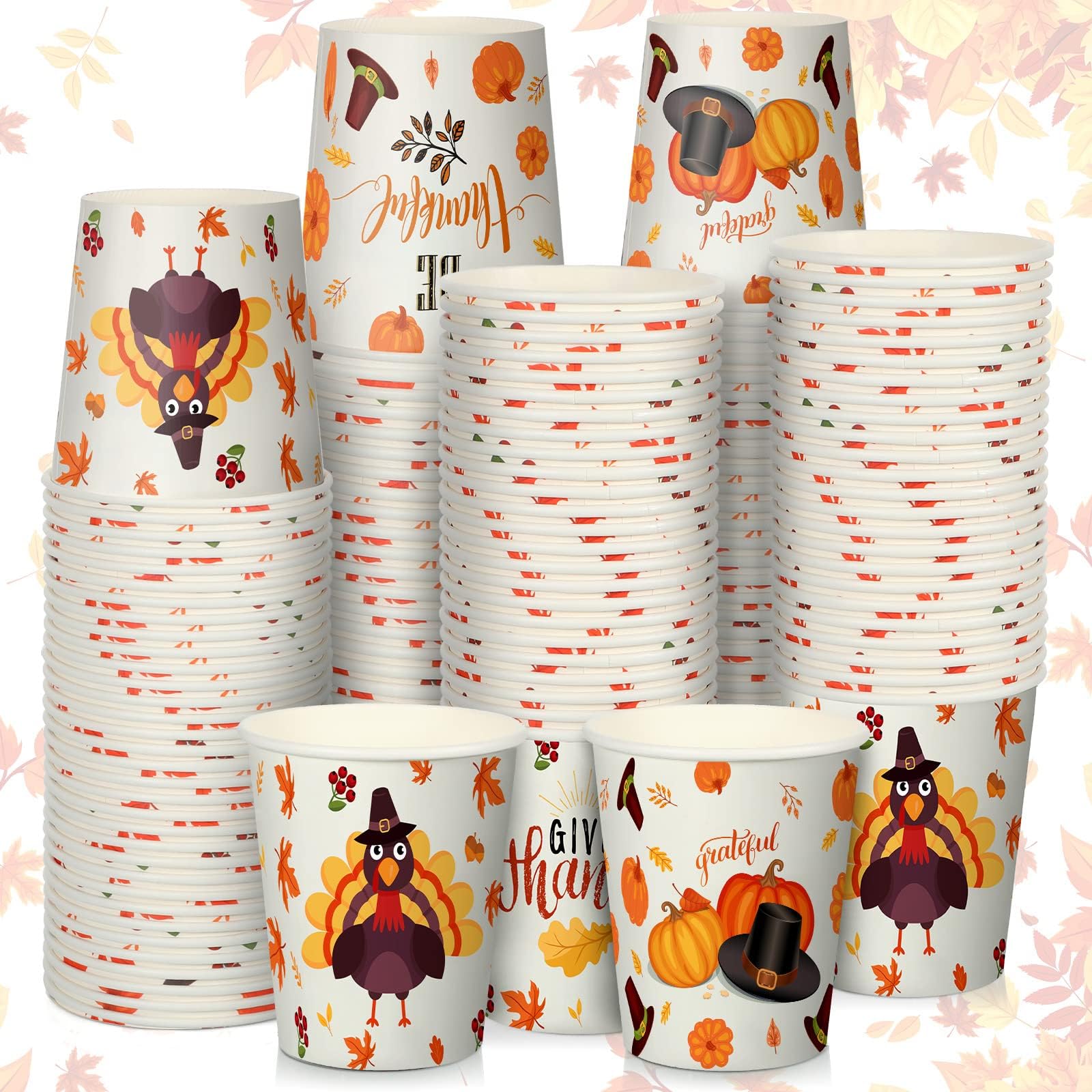 100 Pcs Fall Disposable Paper Cups 9 oz Thanksgiving Party Supplies Thanksgiving Paper Cups Maple Leaves Pumpkin Autumn Paper Cups for Hot Cold Drinks Thanksgiving Party Decoration (Vivid Style)