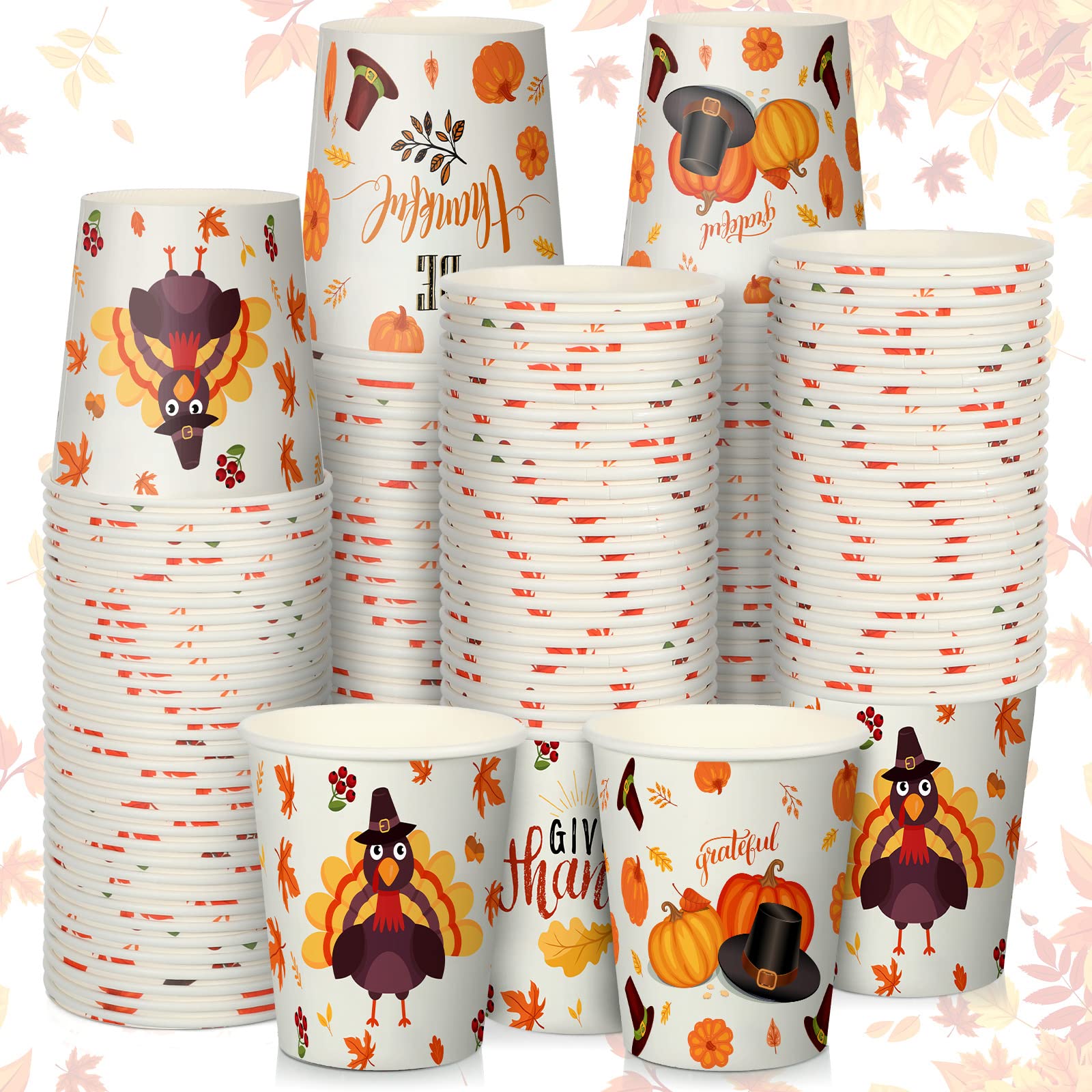 100 Pcs Fall Disposable Paper Cups 9 oz Thanksgiving Party Supplies Thanksgiving Paper Cups Maple Leaves Pumpkin Autumn Paper Cups for Hot Cold Drinks Thanksgiving Party Decoration (Vivid Style)