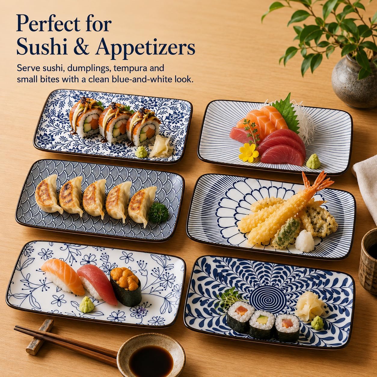 Japanese-Style Ceramic Sushi Plates Set of 6, Blue White Rectangular