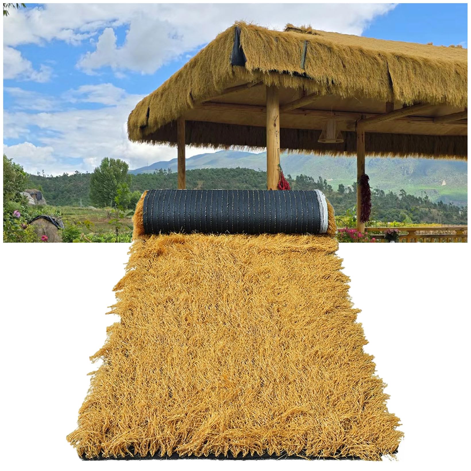 Syntetyczna rolka strzecha – sztuczna meksykańska słomka do baru Tiki, ogrodu, patio, dekoracja pawilonu, odporna na warunki atmosferyczne, 1 x 10 m, żółta dekoracja imprezowa