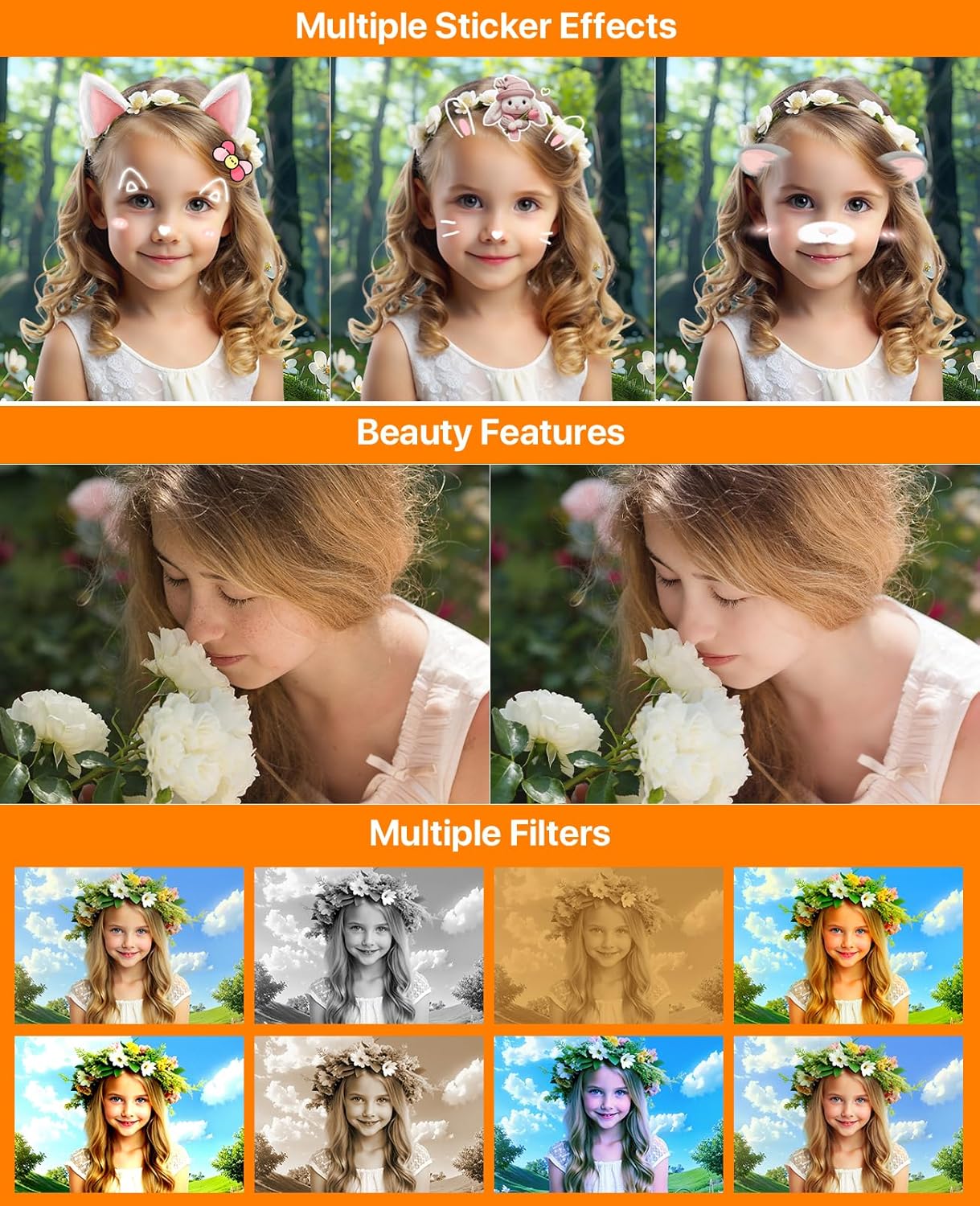 Examples of photo customization features: multiple sticker effects, beauty features, and various filters applied to portraits.