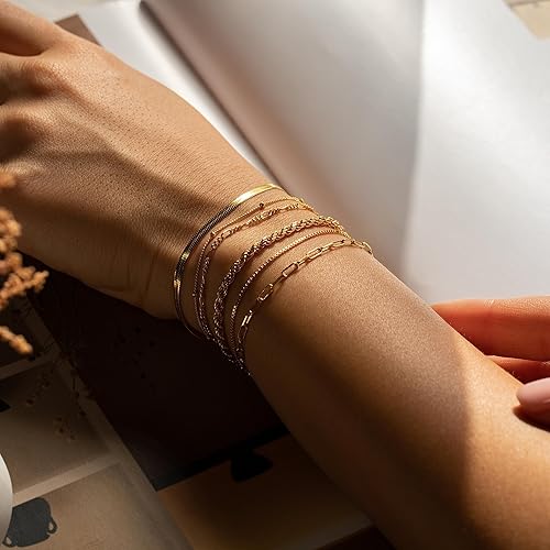 Miniatura 2 de Gold Bracelets for Women, 14K Gold Layered Bracelets Set Dainty Herringbone Chain Paperclip Link Bracelets Gold Cuban Bracelets for Women