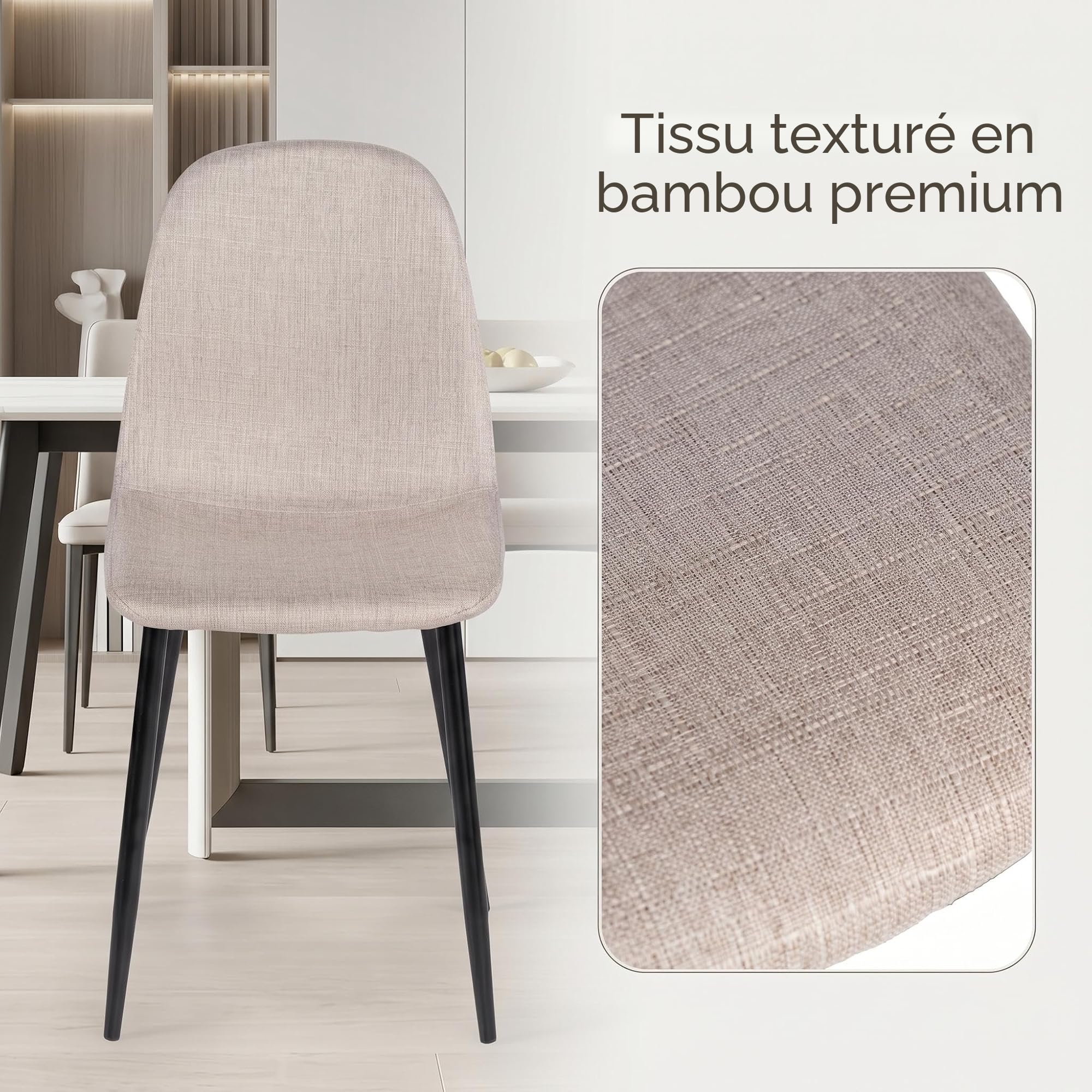 Homy Casa Lot de 4 chaises de Salle à Manger en Tissu flammé Doux avec Pieds en métal Noir pour Cuisine, Salle à Manger, Salon, Chambre à Coucher, Beige foncé