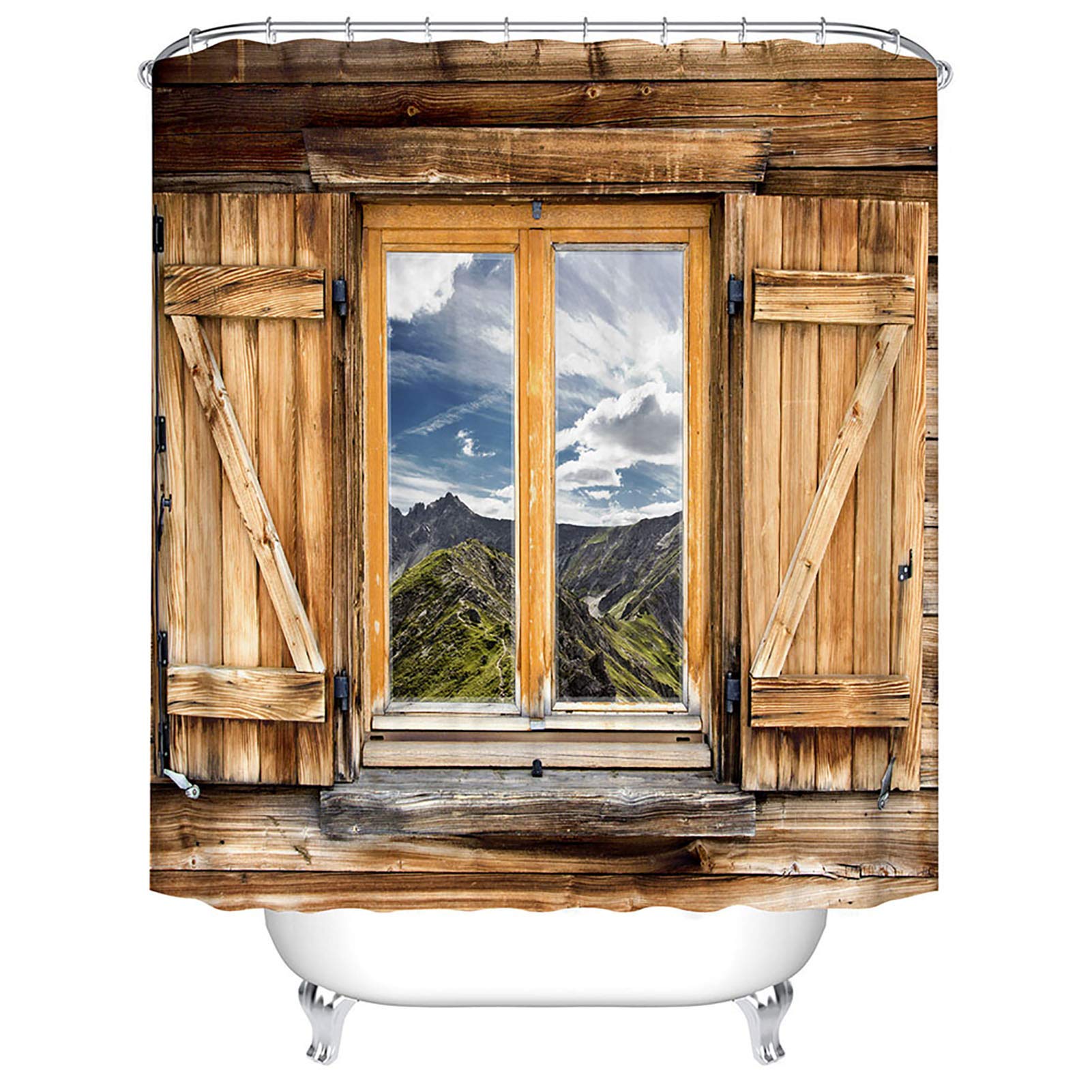 BOYOUTH Mountain View Outside the 3D Wooden Window Pattern Digital Print Shower Curtain for Bathroom Decor,Polyester Waterproof Fabric Bath Curtain with 12 Hooks,70x78 Inches,Multicolor โ image 1