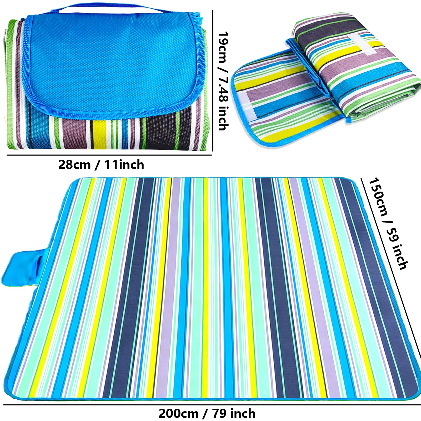 Wodoodporny koc piknikowy 200 x 150 cm, składany dywan piknikowy z odpornym na piasek i antypoślizgowym spodem z PCW, nadaje się do prania, na plażę i kemping z uchwytem do noszenia, do ogrodu