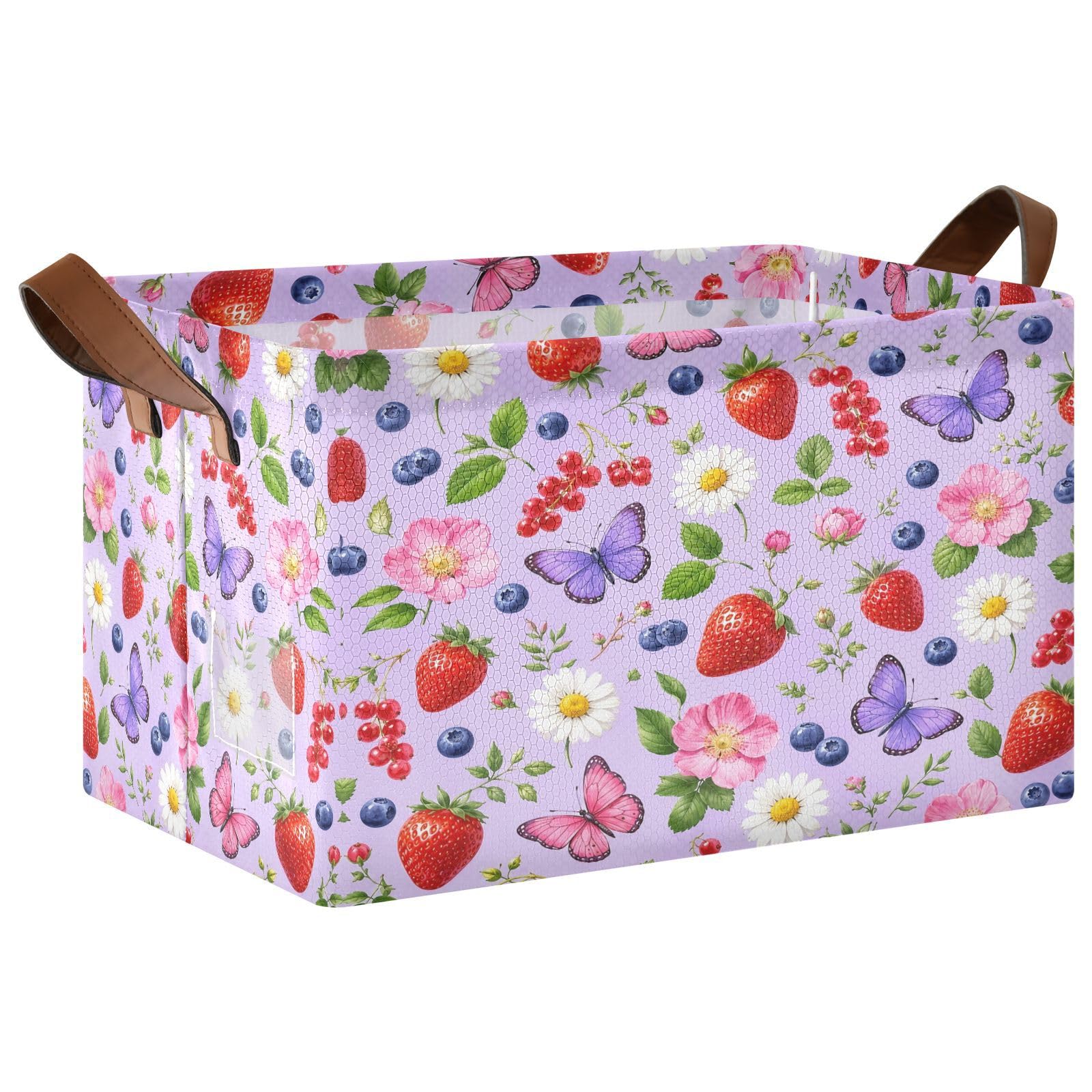 Ewusp Strawberry Flowers Storage Basket with Handles Waterproof Collapsible Storage Bin Closet Organiser Dog Toy Basket for Bedroom Nursery Office Home Organizing
