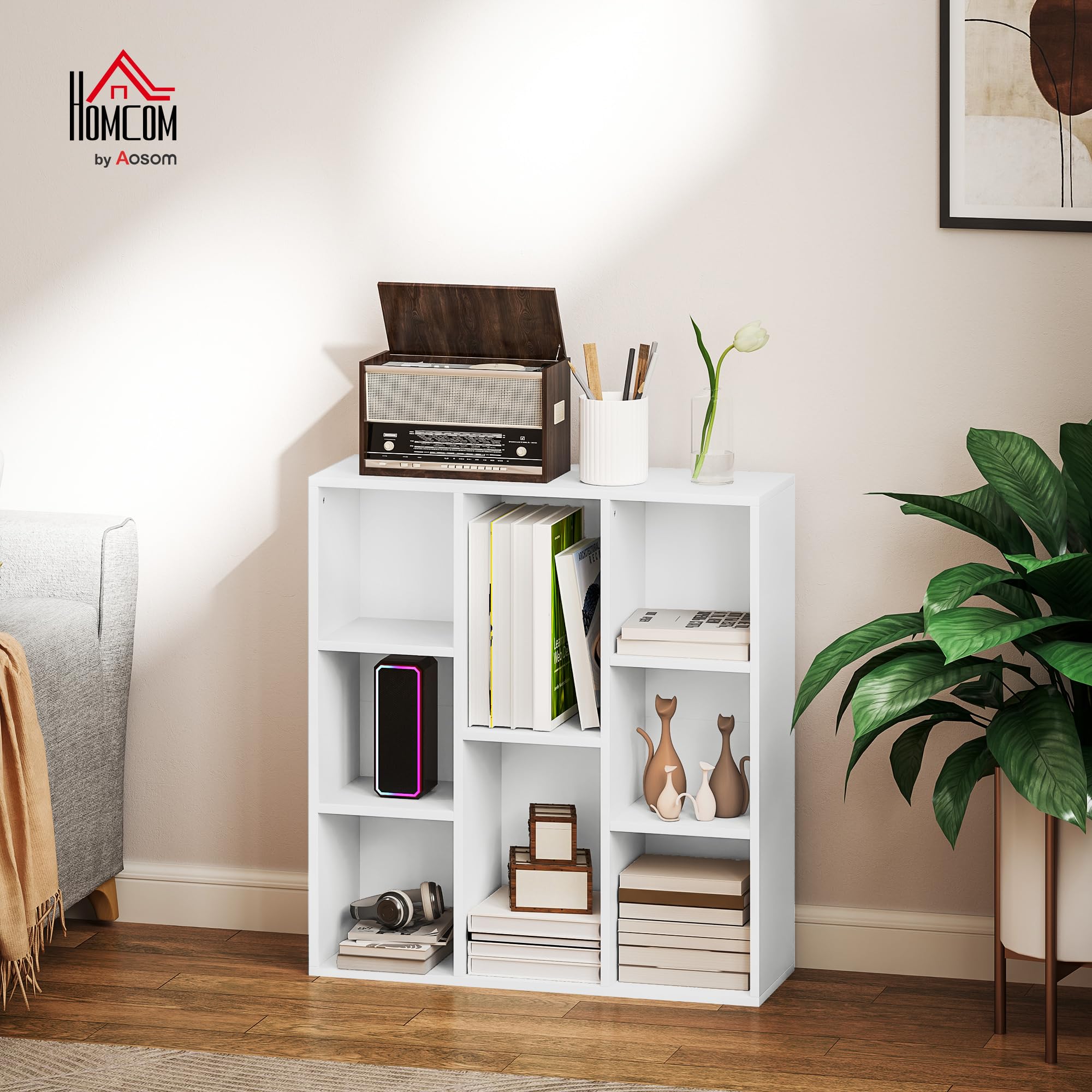 HOMCOM Bibliothèque, étagère de Rangement, Meuble de Rangement avec 8 Compartiments, pour Salon, Chambre à Coucher, Bureau, 74,3 x 24 x 80 cm, Blanc