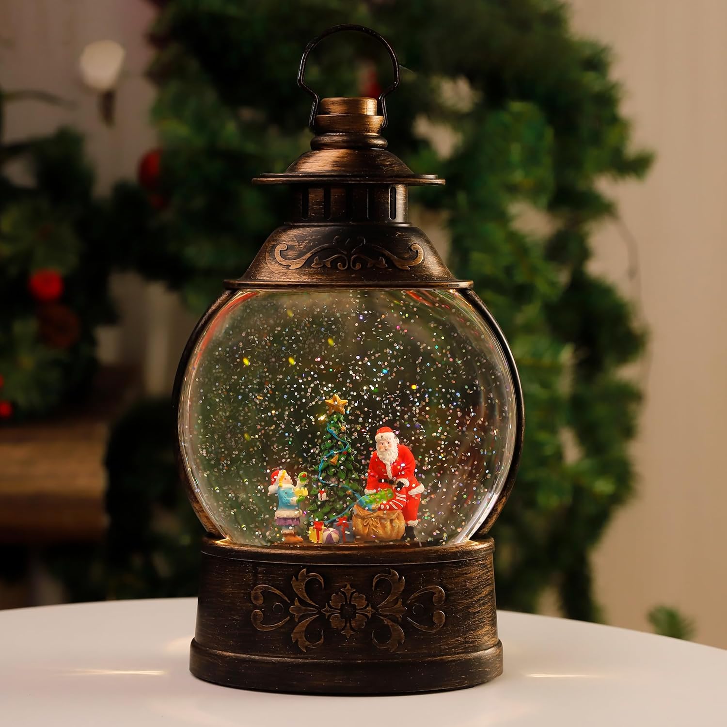 12.2" Christmas Snow Globe Lantern, Musical Snow Globe Lantern with Timer, Snow Globe Lantern Battery Operated/USB Plug-in Musical Snow Globe Lantern with Swirling Glitter for Christmas Decoration