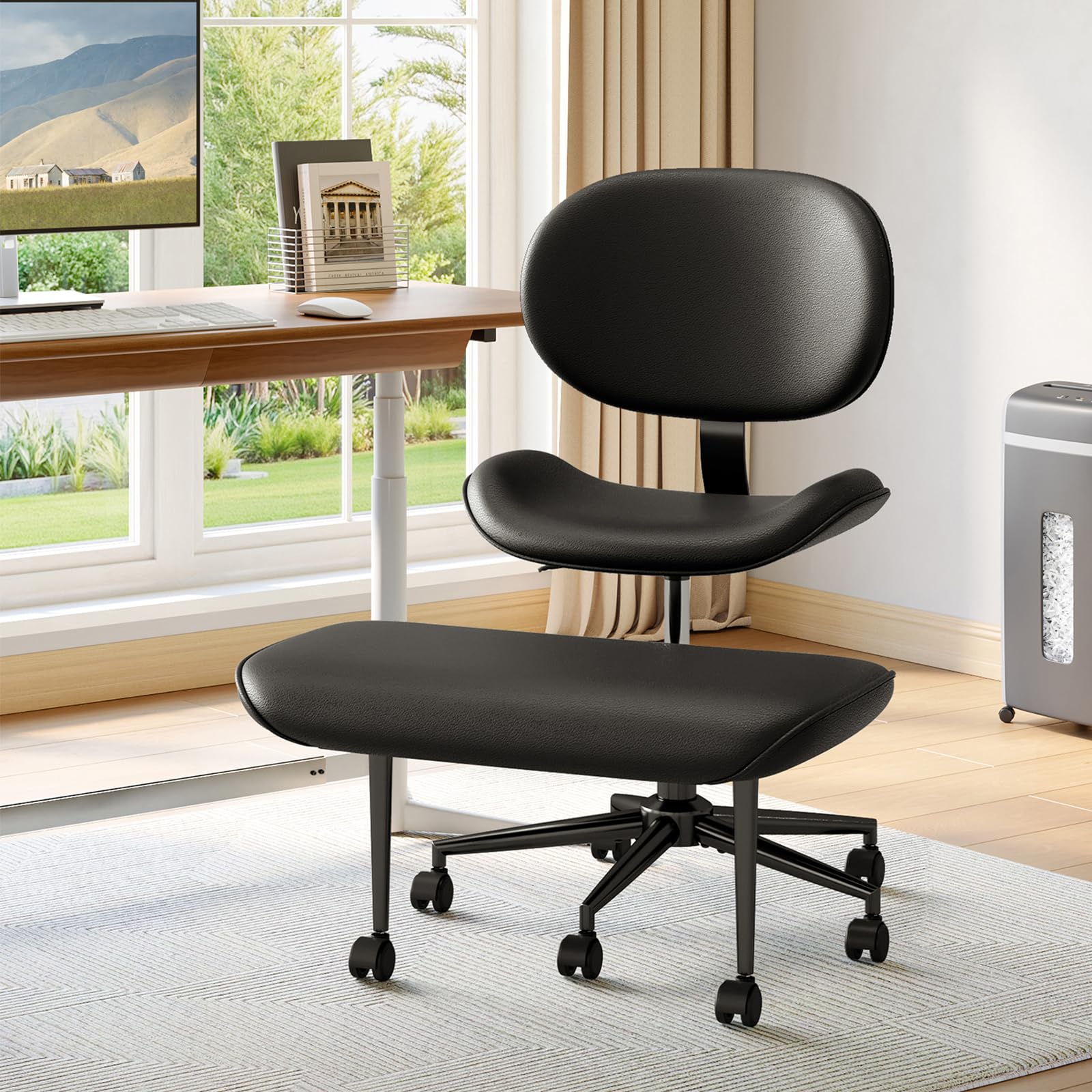 cross legged office chair with wheels for adhd, ergonomic 360° swivel height-adjustable meditation chair for yoga, wide kneeling chair with strong lumbar support, pu leather, black